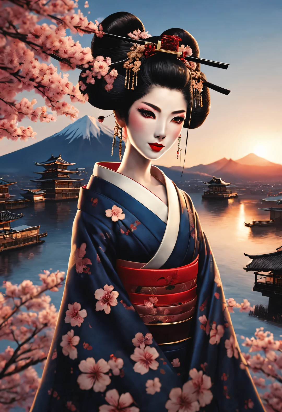A geisha stands gracefully under the cherry blossoms, There are a lot more, Many red cherry blossom petals fall one after another,
White base makeup on girl&#39;s face without any highlight or shadow decoration. All-white makeup covering face and neck. Red lip makeup is a small mouth that is smaller than the normal lip area. Thick eyeliner can emphasize the eye contour, Strengthen eyes, Pupils appear dark and deep. One-line eyebrows are eye-catching without being harsh, And the whole face is clean. Typical Japanese Geisha makeup,
Wearing a gorgeous kimono embroidered with black and gold cherry blossoms, This is a long-sleeved kimono, Wearing Japanese clogs,
background: under the sunset, Many red cherry blossom petals fall one after another, dark brown and blue,
Surrealism, Realistic depiction of light and shadow, Real and exaggerated photos, super high quality, Super detailed details, movie shot, shallow view deep,