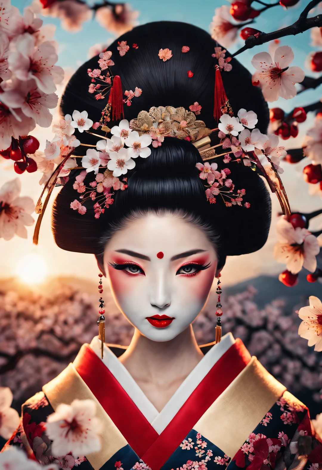 (Under white cherry blossoms，Geisha stands gracefully, Look back and smile: 0.85), (many, many white cherry blossom petals are falling one after another),
White base makeup on girl&#39;s face without any highlight or shadow decoration. All-white makeup covering face and neck. Red lip makeup is a small mouth that is smaller than the normal lip area. Thick eyeliner can emphasize the eye contour, Strengthen eyes, Pupils appear dark and deep. One-line eyebrows are eye-catching without being harsh, And the whole face is clean. Typical Japanese Geisha makeup,
(Wearing a gorgeous kimono embroidered with black and gold cherry blossoms: 0.8), Long-sleeved kimono, Wearing Japanese getas,
background: under the sunset, many red cherry blossom petals fall one after another, deep pink and blue,
Surrealism, Realistic depiction of light and shadow, Real and exaggerated photos, super high quality, Super detailed details, movie shot, shallow view deep,