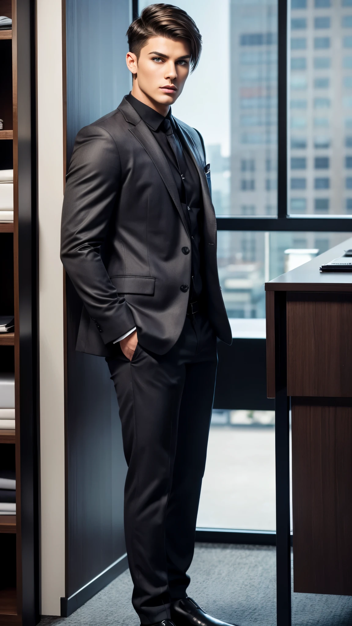 Full body shot, full body portrait, high resolution, high detailed, detailed face, detailed clothes. A woman pretending to be a man wearing men's clothes, and short-haired, masculine make up, she looks convincing and confidence, face to viewer, body facing to viewer. She stands in an office, professional atmosphere, cool ambience, bright light