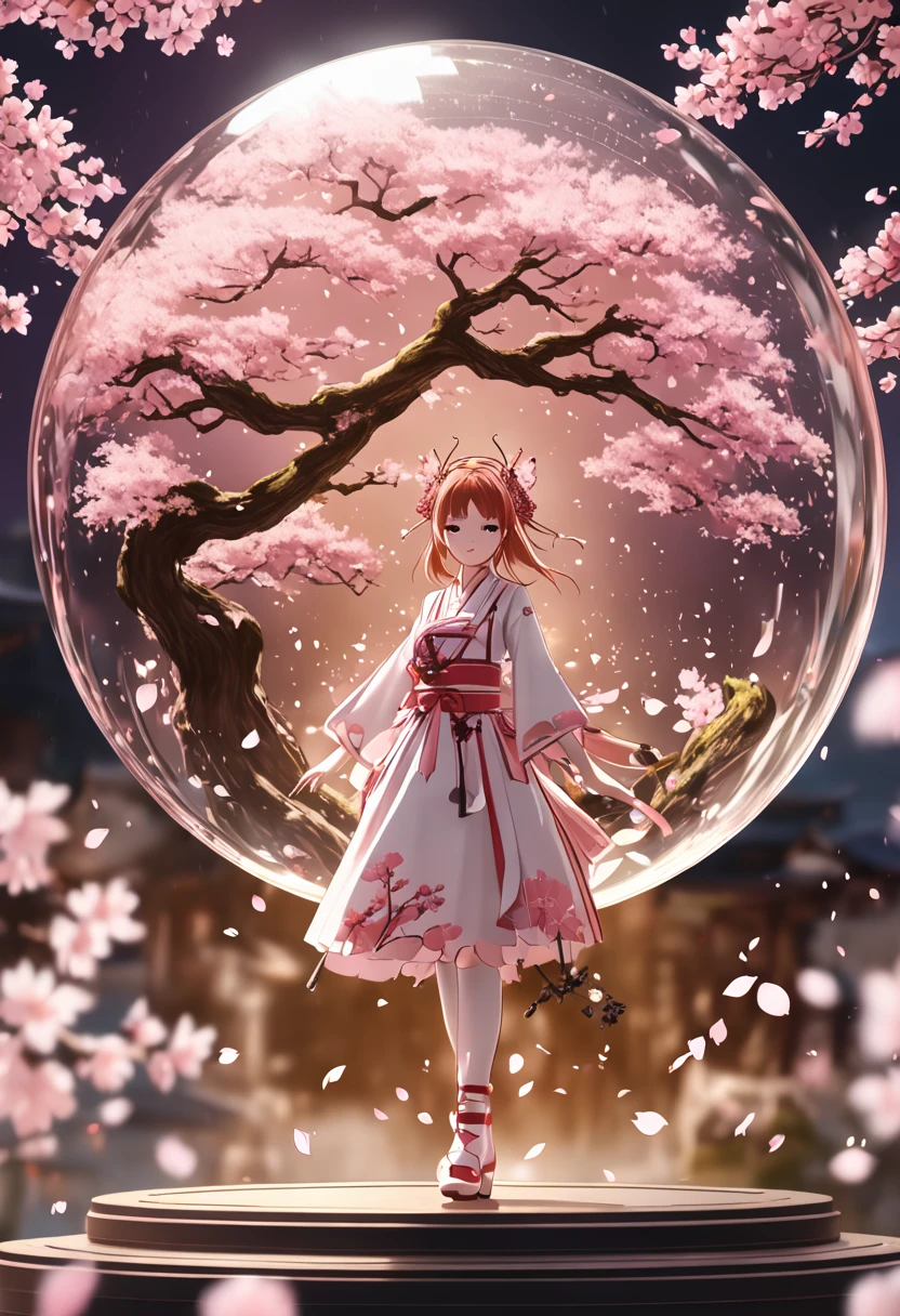 1girl, The Sakura Maiden, aesthetic, Cherry blossom in a glass sphere tilt shift 16k bokeh sparkles surrounded by floating petals, detailed matte painting, deep color, fantastical, intricate detail, splash screen, complementary colors, fantasy concept art, 8k resolution trending on Artstation Unreal Engine 5