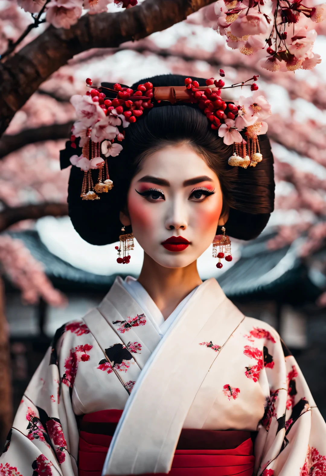 A geisha stands gracefully under the cherry blossoms, There are a lot more, Many red cherry blossom petals fall one after another,
White base makeup on girl&#39;s face without any highlight or shadow decoration. All-white makeup covering face and neck. Red lip makeup is a small mouth that is smaller than the normal lip area. Thick eyeliner can emphasize the eye contour, Strengthen eyes, Pupils appear dark and deep. One-line eyebrows are eye-catching without being harsh, And the whole face is clean. Typical Japanese Geisha makeup,
Wearing a gorgeous kimono embroidered with black and gold cherry blossoms, This is a long-sleeved kimono, Wearing Japanese clogs,
background: under the sunset, Many red cherry blossom petals fall one after another, deep pink and blue,
Surrealism, Realistic depiction of light and shadow, Real and exaggerated photos, super high quality, Super detailed details, movie shot, shallow view deep,