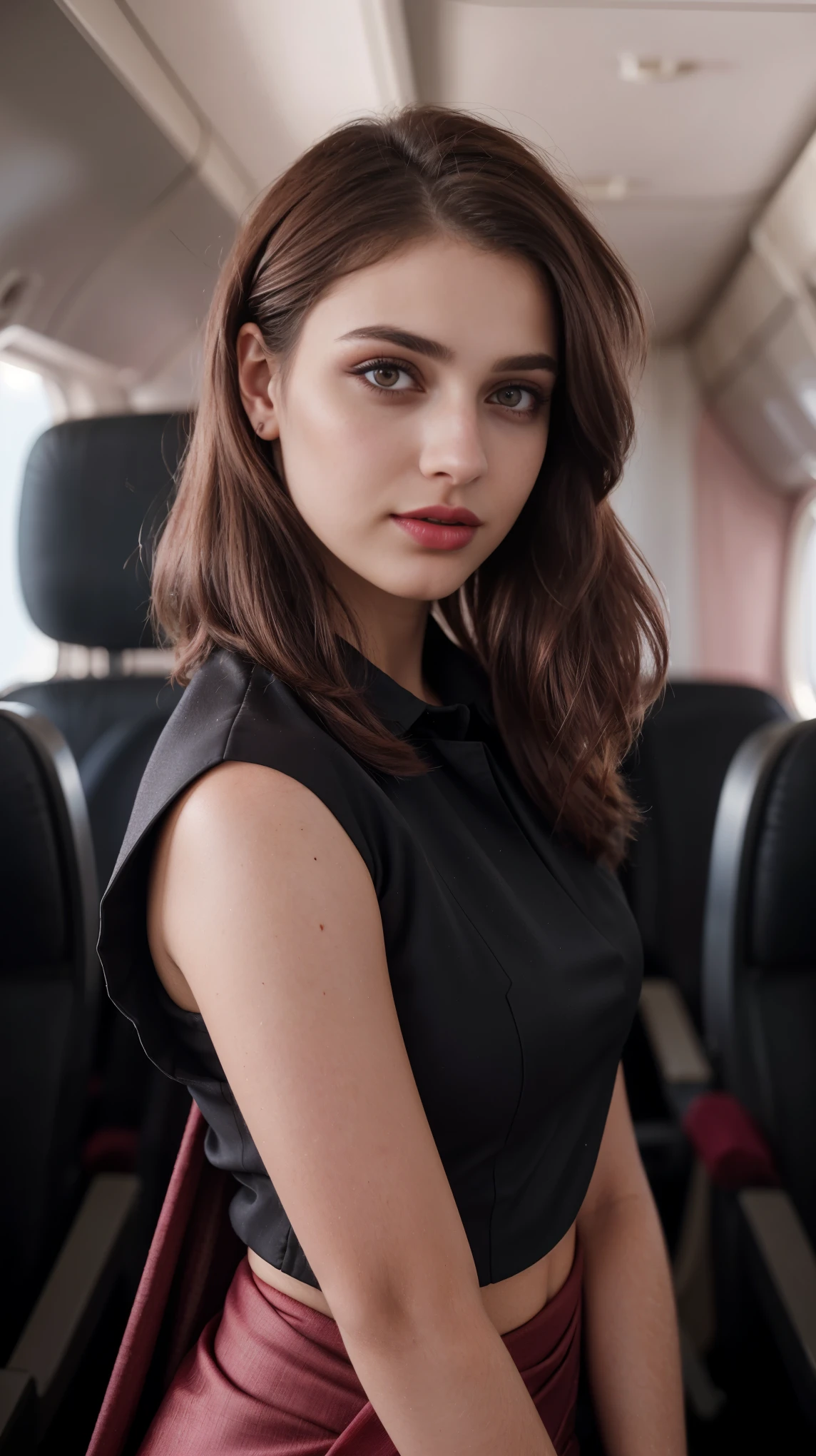 Boycut brown shining hair, (RAW photo), (realism: 1.8), (glossy red lipstick, many eyelashes, dark black eye shadow, shy, blushing, high quality, high resolution, depth of field, chromatic aberration, caustic, wide light, dark pink fair glossy skin, (21 year old woman), flight attendants, traditional indian saree, lots of exposure, pose, visible 8k resolutions,