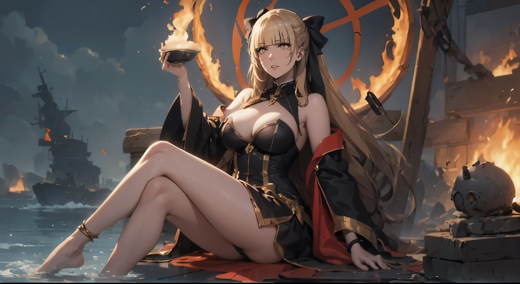 rose, blonde hair, drill hair, long hair, huge breasts, yellow eyes, fire, jewelry, 1girl, breasts, sitting, barefoot, cleavage, mole, anklet, large_breasts, bracelet, very_long_hair, smile, water, bare_shoulders, looking_at_viewer, detached_sleeves, sky, wide_sleeves, dress, cloud, feet, makeup, crossed_legs, ribbon, earrings, lips, burning, solo, black_dress, mole_under_mouth, outdoors, flame, blue_eyes, magic, thighs, hair_ribbon, mole_on_breast, legs, red_ribbon, full_body, bare_legs