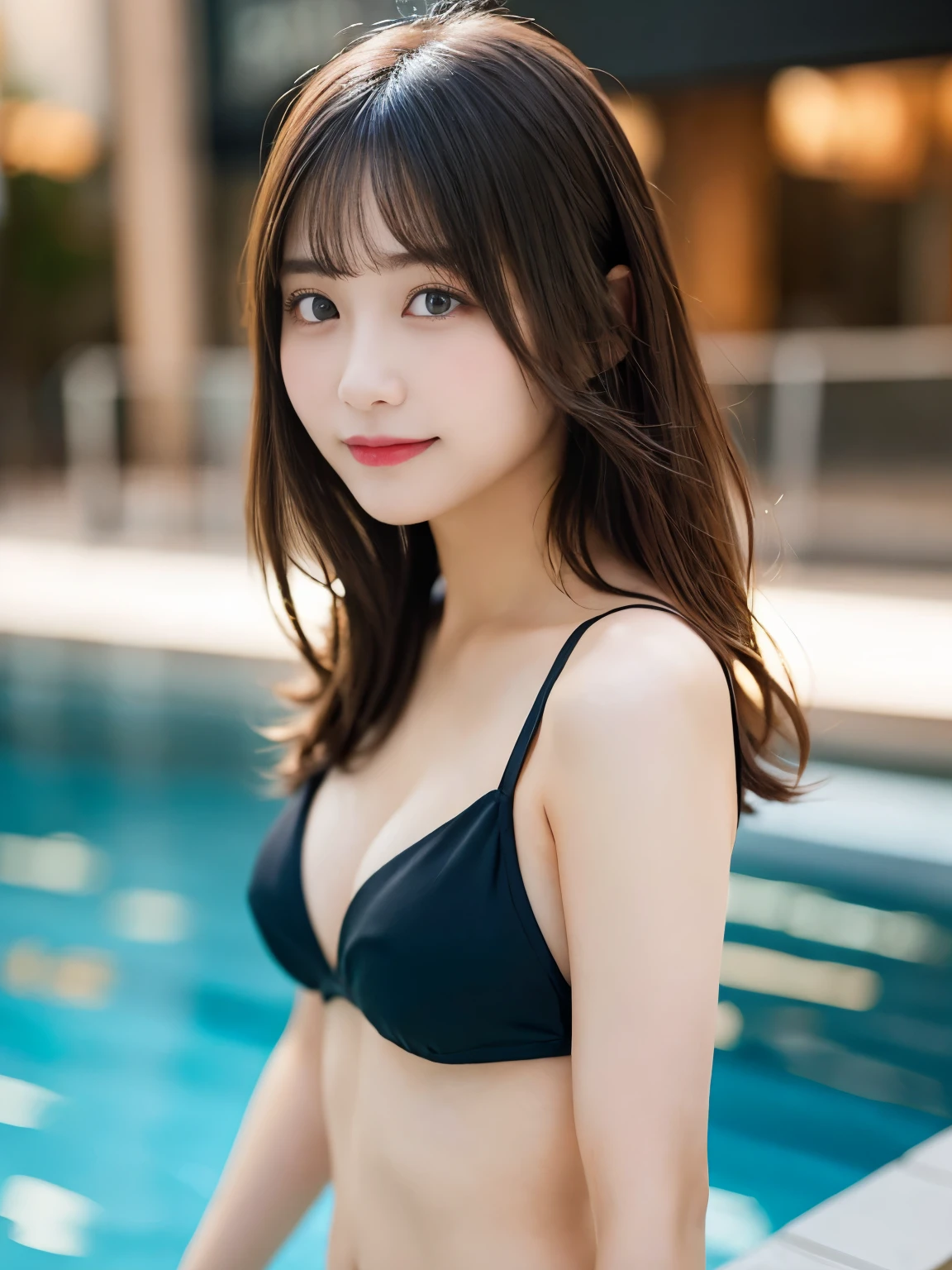 table top, highest quality, figure, super detailed, finely, High resolution, 8k wallpaper, 完璧なダイナミックな構figure, detailed and beautiful eyes, wearing black bikini swimsuit,medium hair,natural color lip, bold sexy pose,smile,Harajuku、20 year old girl、cute、sexy shot looking at camera、C cup、brown hair、cacique#39;face、Blurred night pool background