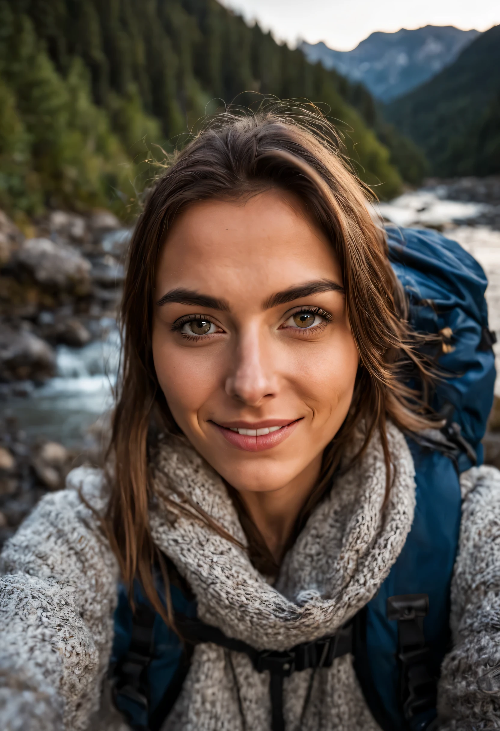 Selfie shot of a young beautiful athletic brunette, 25 years.One, on open air, (night), Mountains, Nature, (stars, moon) cheerful, happy, backpack, sleeping bag, Camping stove, water bottle, mountain boots, gloves, sweater, It has, flashlight, the forest, rocks, River, Wood, shadows, contrast, clear sky. She It has brown hair, lush lips, Expressive eyes, and thin, natural makeup. looking straight into the camera, Standing right in the middle. A high resolution, Masterpiece, Best quality, Intricate high detail, very detailed, sharp focus, Ultra textured leather, detailed eyes, professional, 4k, Charming smile, shot on Canon, 85 mm, shallow depth of field, Kodak Vision, perfectly toned body , extremely detailed. Maximum detail, rude, real life, ultra realistic, ultra realistic, photorealism, Photo, 8K, Photo.