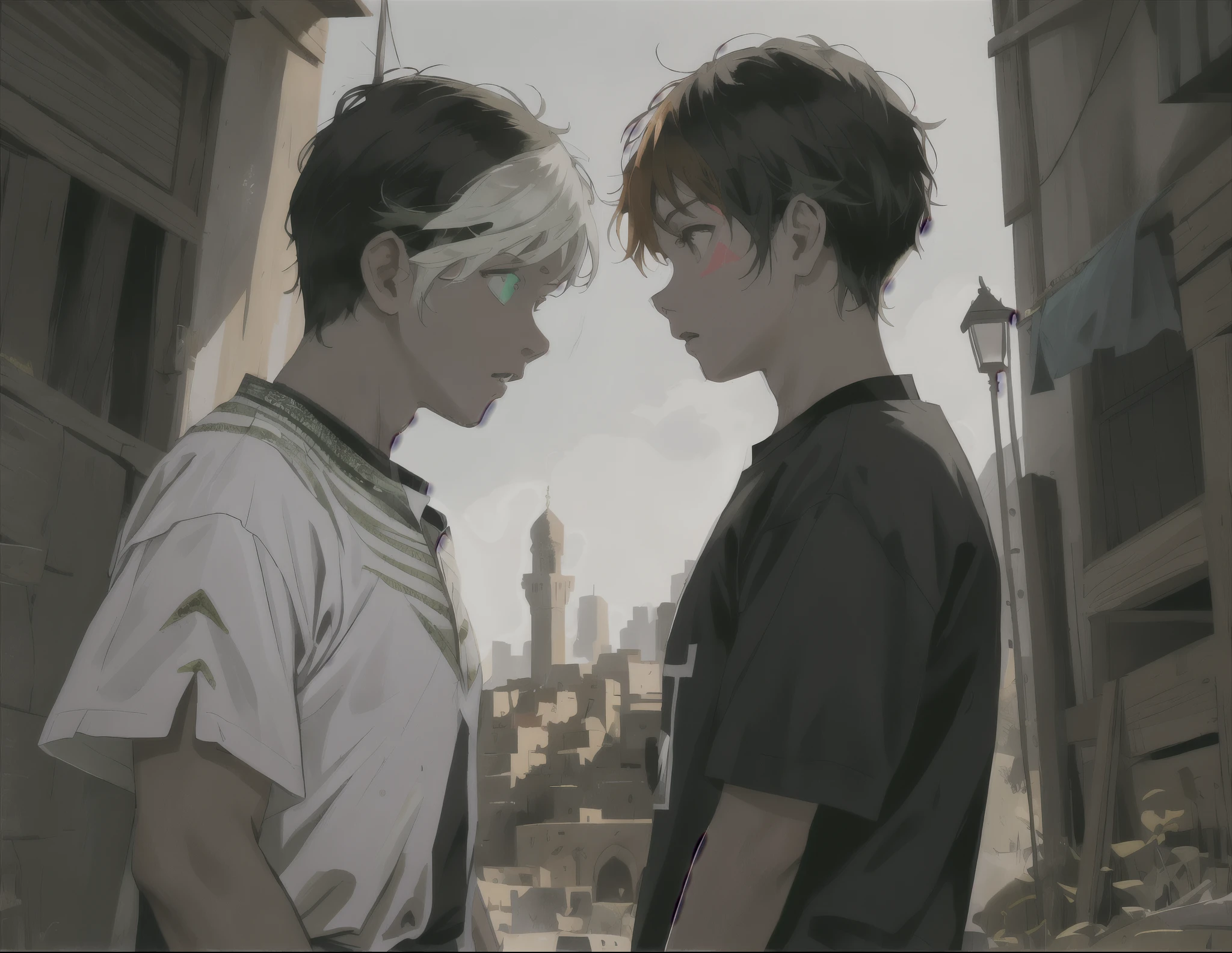 Chico y chica anime uno frente al otro en una ciudad., obra de arte al estilo de guweiz, akehiko inoue y ross tran, tipo, fanart oficial, digital anime illustration, Loish y Ross Tran, evangelionic illustration, krenz cushart y asher duran, Ross Tran y Bayard Wu, bob larkin y tomer hanuka