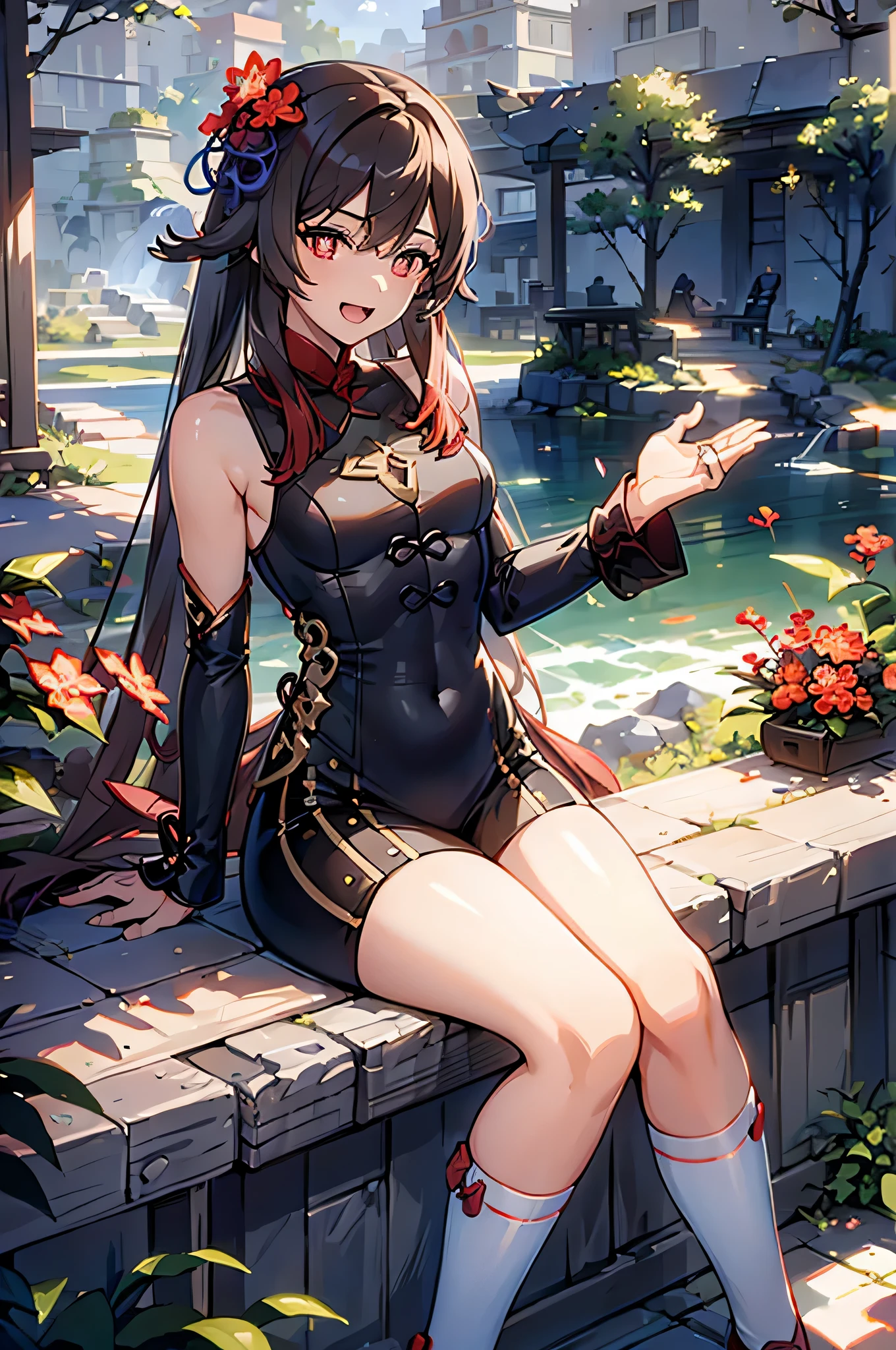 ((highly detailed)), genshin impact, ((hu tao)), perfect human hands,(small breast:1.1),relaxed pose, ((fit female)) , super perfct body curve, masterpiece, 4K, detailed, perfect face, (20 years old) hot body language, fit figure, gorgeous perfect face, happy expression, open mouth, realistic style and super detailed renderings, superrealism, super-realistic oil, contour shadow-process - ((full body portrait)), sitting in a rock in the city , hands on thighs