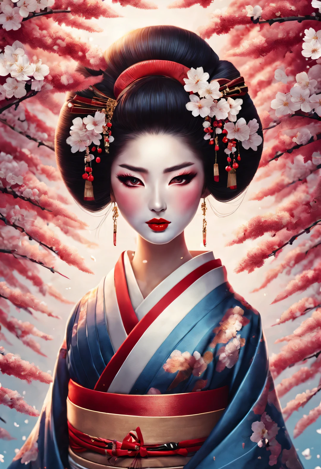 Under the pure white cherry blossoms,A geisha stands gracefully, There are a lot more, Many white cherry blossom petals fall one after another,
White base makeup on girl's face without any highlight or shadow decoration. All-white makeup covering face and neck. Red lip makeup is a small mouth that is smaller than the normal lip area. Thick eyeliner can emphasize the eye contour, Strengthen eyes, Pupils appear dark and deep. One-line eyebrows are eye-catching without being harsh, And the whole face is clean. Typical Japanese Geisha makeup,
(Wearing a gorgeous kimono embroidered with black and gold cherry blossoms: 0.8), Long-sleeved kimono, Wearing Japanese getas,
background: under the sunset, Many red cherry blossom petals fall one after another, deep pink and blue,
Surrealism, Realistic depiction of light and shadow, Real and exaggerated photos, super high quality, Super detailed details, movie shot, shallow view deep,