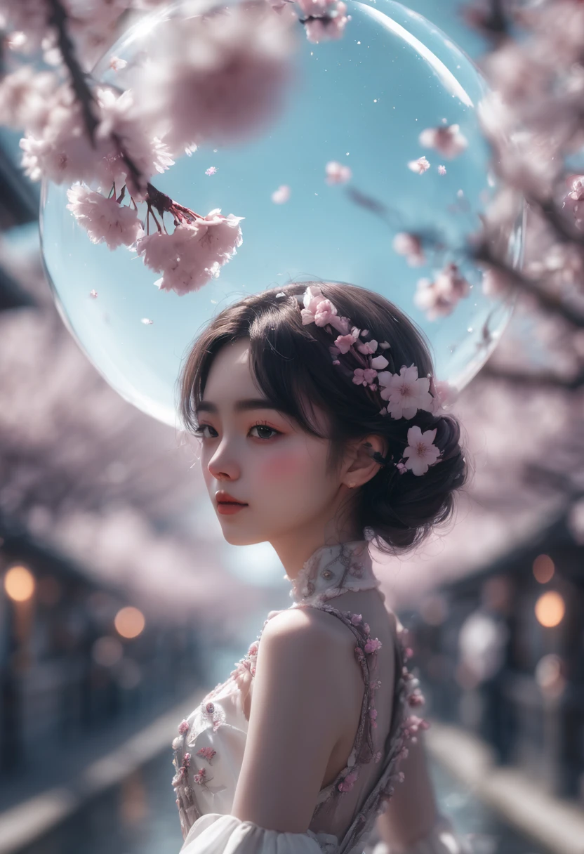 1girl, The Sakura Maiden, aesthetic, Cherry blossom in a glass sphere tilt shift 16k bokeh sparkles surrounded by floating petals, detailed matte painting, deep color, fantastical, intricate detail, splash screen, complementary colors, fantasy concept art, 8k resolution trending on Artstation Unreal Engine 5
