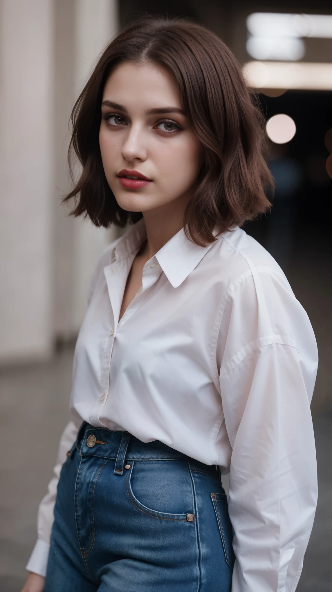 vampire girl, girl in a white shirt, drops of blood on a shirt, the girl&#39;s mouth is slightly open, Vampire fangs are visible, blood on the lips, slight smile, Girl with dark hair, short hair, Girl in the alley, Hands behind your back, front view, Photorealistic
