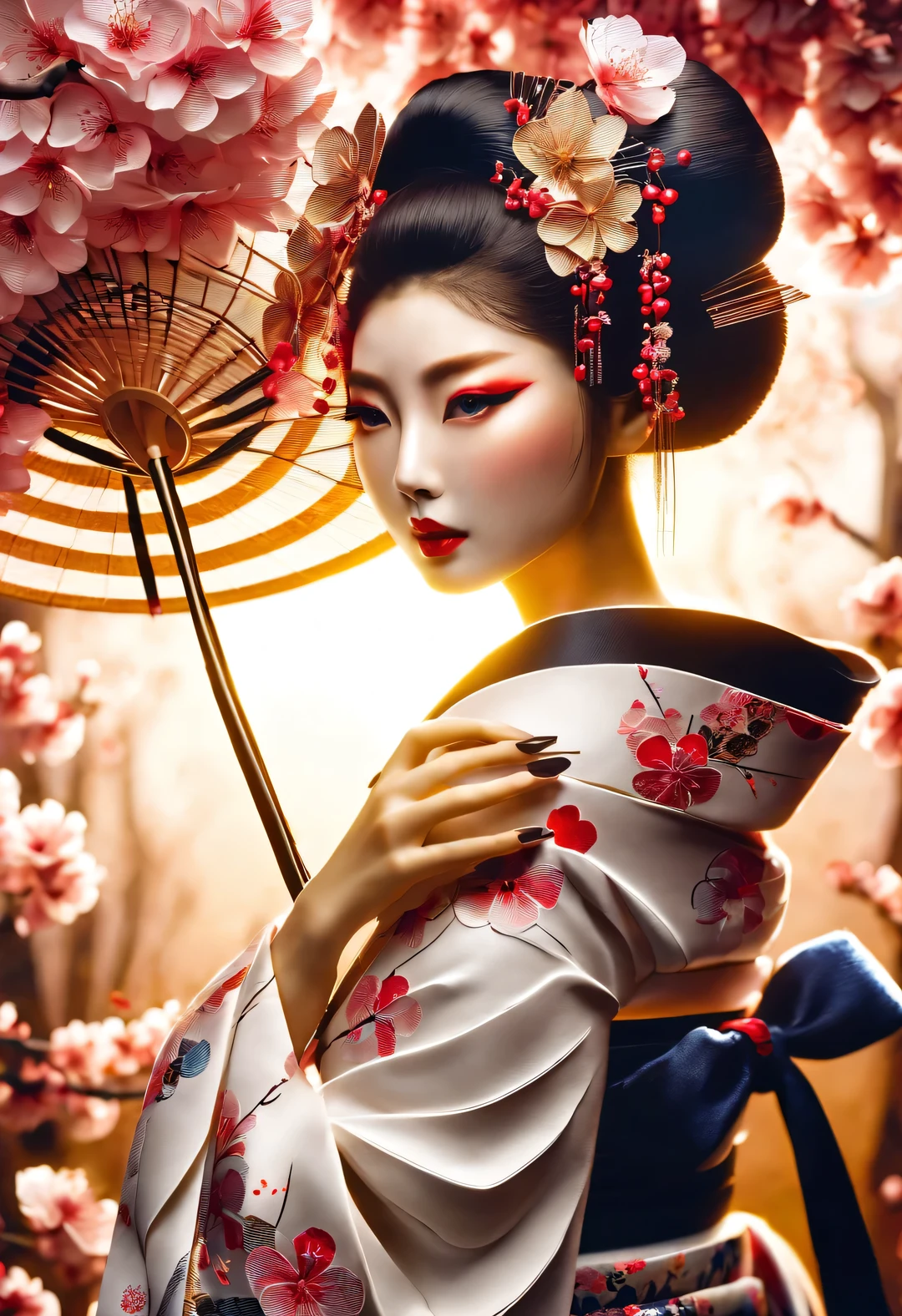 (Geisha standing gracefully under the cherry blossoms), Exquisite cherry blossom paper fan, her whole body,
The base makeup is very white, No highlight and shadow modifications. The white makeup on her face covered her face and neck, But not all red lip makeup is on the lips. Lips are small mouths that are smaller than the normal lip area. Thick eyeliner can emphasize the eye contour, Strengthen eyes, Make pupils appear darker and deeper, And the unibrow shape is eye-catching without being blunt, Make the whole face clean, Typical Japanese Geisha makeup,
Wearing a gorgeous kimono embroidered with black and gold cherry blossoms, This is a long-sleeved kimono, Wearing Japanese clogs,
background: under the sunset, Many red cherry blossom petals fall one after another, dark brown and blue,
surreal portrait, Realistic depiction of light and shadow, Real and exaggerated photos, super high quality, Super detailed details, movie shot,