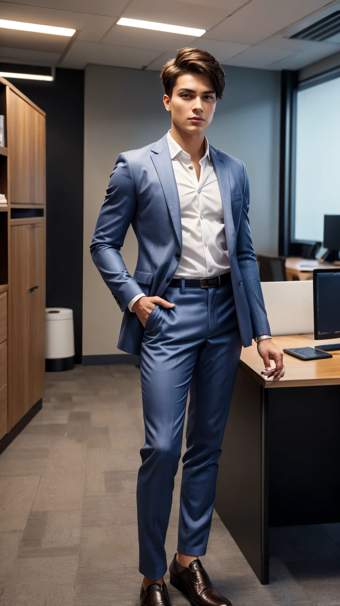 Full body shot, full body portrait, high resolution, high detailed, detailed face, detailed clothes. A woman pretending to be a man wearing men's clothes, and short-haired, masculine make up, she looks convincing and confidence, face to viewer, body facing to viewer. She stands in an office, professional atmosphere, cool ambience, bright light