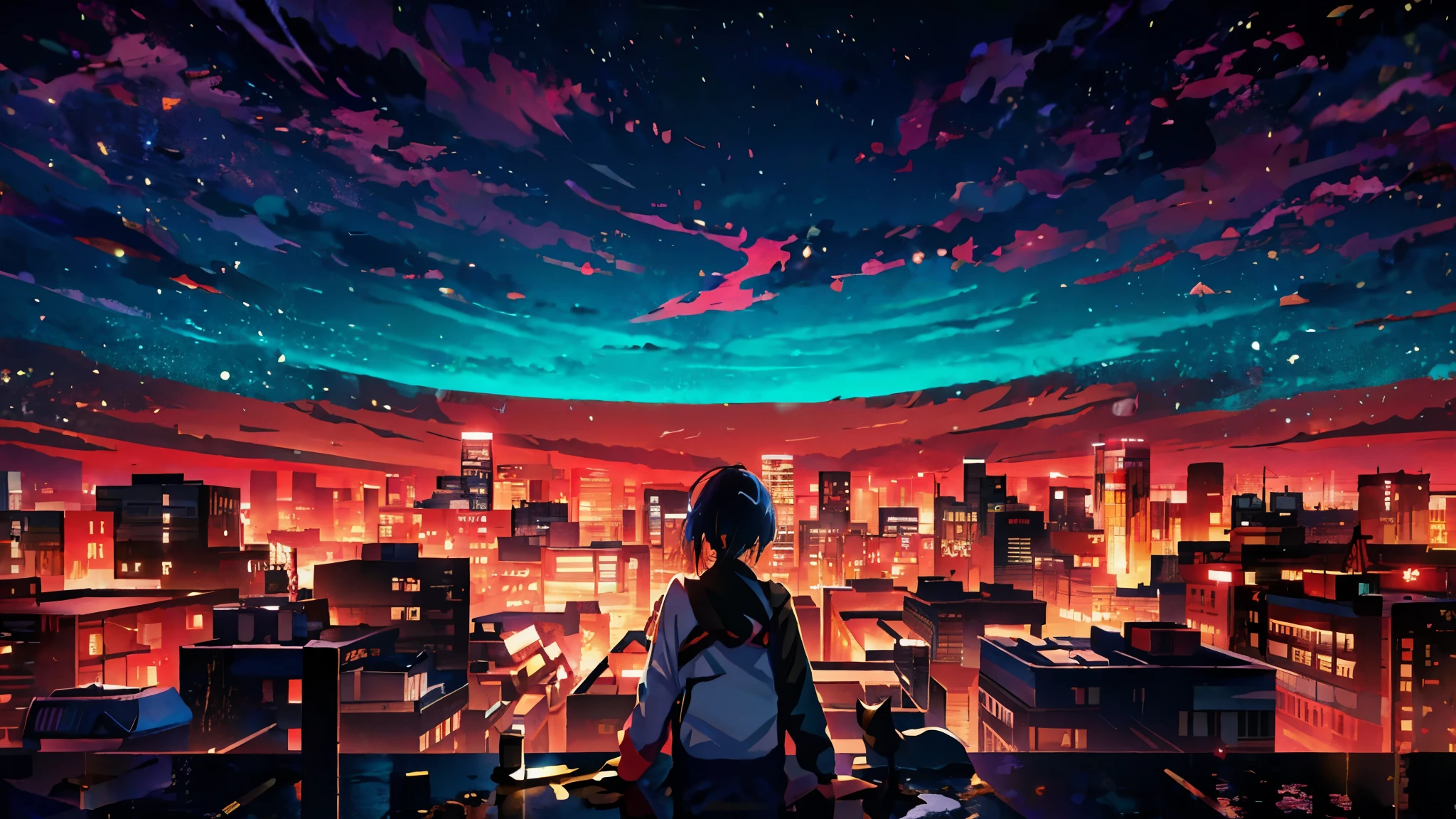 Anime girl looking at the city at night, 4k anime wallpaper, anime art wallpaper 8k, anime background, anime wallpaper 4k, anime wallpaper 4k, anime movie background, anime art wallpaper 4k, anime art wallpaper 4k, 4k manga wallpaper, anime background art, Shinkai Makoto style, anime style 4k, HD anime cityscape