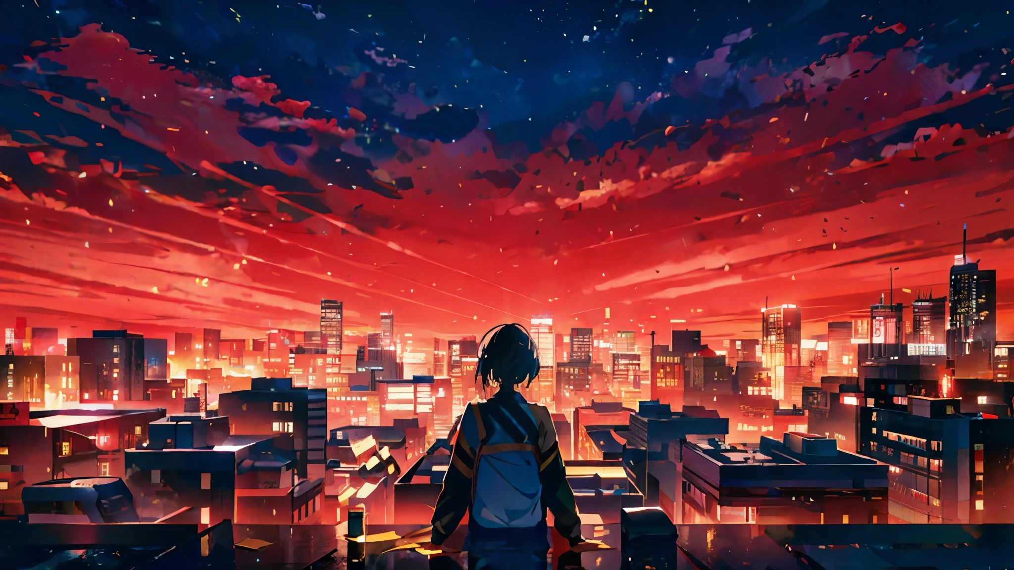 Anime girl looking at the city at night, 4k anime wallpaper, anime art wallpaper 8k, anime background, anime wallpaper 4k, anime wallpaper 4k, anime movie background, anime art wallpaper 4k, anime art wallpaper 4k, 4k manga wallpaper, anime background art, Shinkai Makoto style, anime style 4k, HD anime cityscape