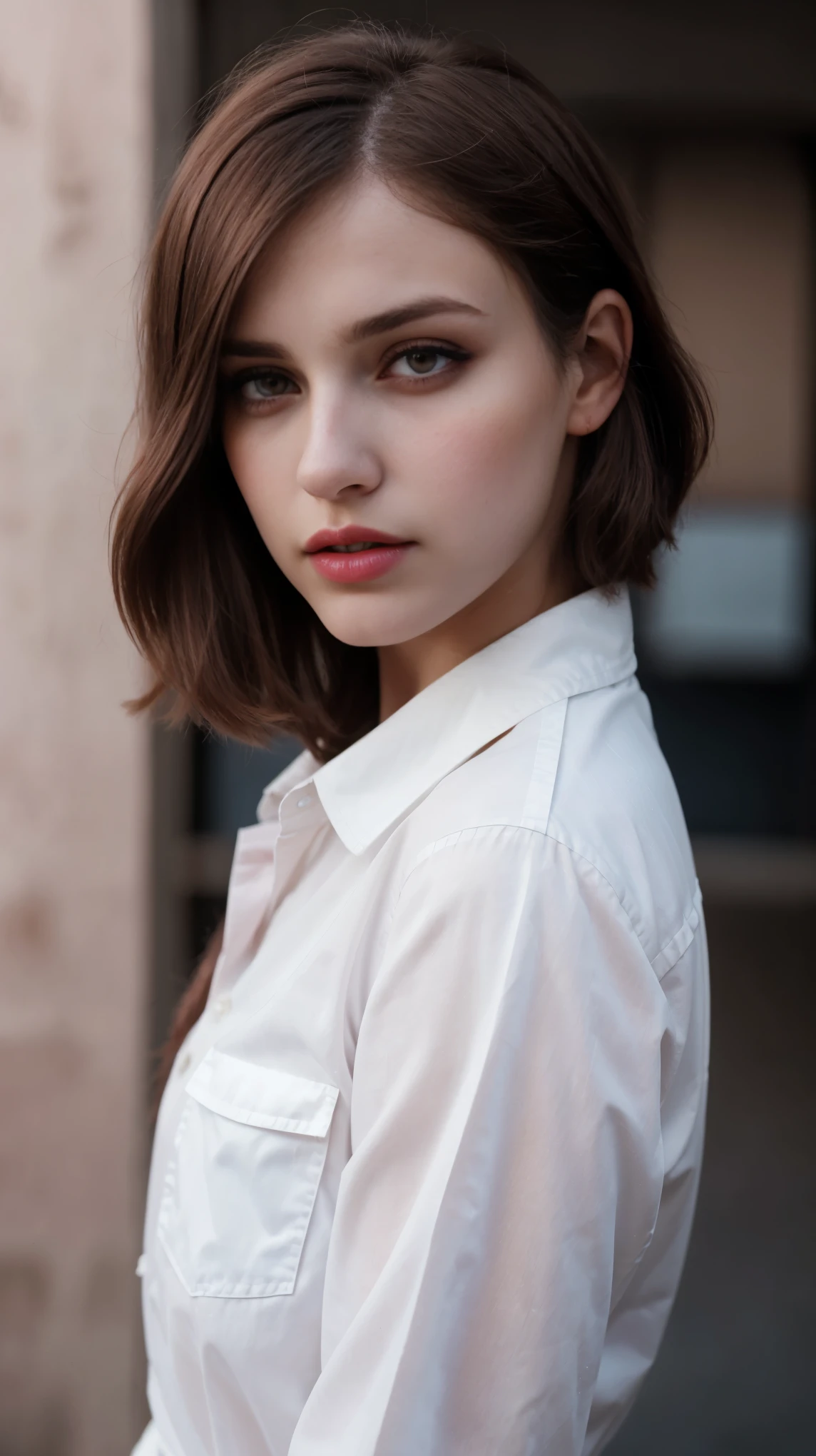 Boycut brown shining hair, (RAW photo), (realism: 1.8), (gloss red lipstick, many eyelashes, dark black eye shadow, sad, tears, high quality, high resolution, depth of field, chromatic aberration, caustic, wide light, dark pink fair glossy skin, (21 year old woman), stylish college girl, white shirt-blue jeans, lots of exposure, visible 8k resolutions,
