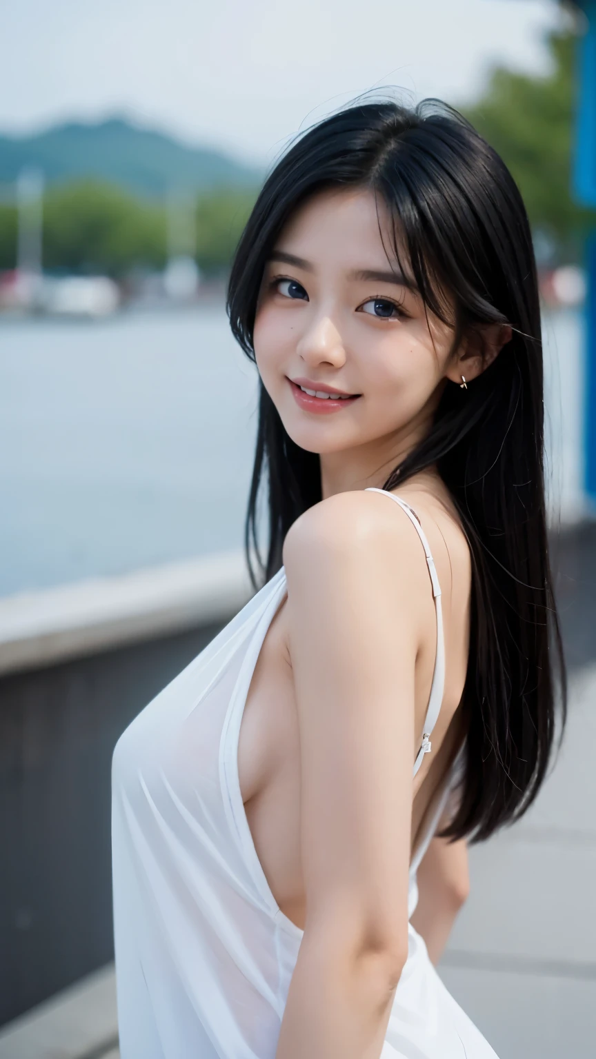 blue eyes black hair Bust top open from white shirt with blue-eyed blonde earrings. Smiling nude of a pure, beautiful and cute Korean beauty.