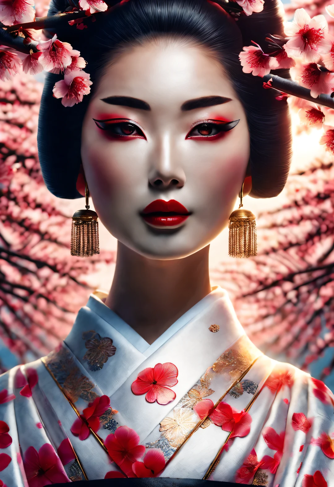A geisha stands gracefully under the cherry blossoms, There are a lot more, Many red cherry blossom petals fall one after another,
White base makeup on girl&#39;s face without any highlight or shadow decoration. All-white makeup covering face and neck. Red lip makeup is a small mouth that is smaller than the normal lip area. Thick eyeliner can emphasize the eye contour, Strengthen eyes, Pupils appear dark and deep. One-line eyebrows are eye-catching without being harsh, And the whole face is clean. Typical Japanese Geisha makeup,
Wearing a gorgeous kimono embroidered with black and gold cherry blossoms, This is a long-sleeved kimono, Wearing Japanese clogs,
background: under the sunset, Many red cherry blossom petals fall one after another, deep pink and blue,
Surrealism, Realistic depiction of light and shadow, Real and exaggerated photos, super high quality, Super detailed details, movie shot, shallow view deep,