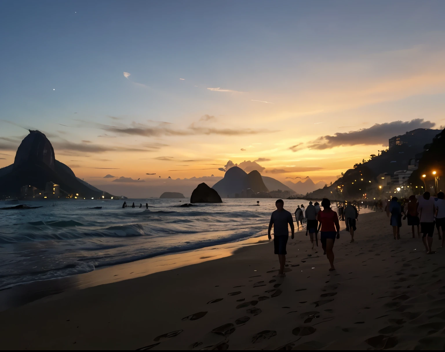 people walking on the beach at sunset with a mountain in the background, rio de janeiro in an anime film, rio de janeiro, inspired by Antônio Parreiras, by Felipe Seade, Sunset at the beach, por Paulus Decker, por Manuel Franquelo, por Samuel Silva, powder Nándor Katona, noite, hd, realista,