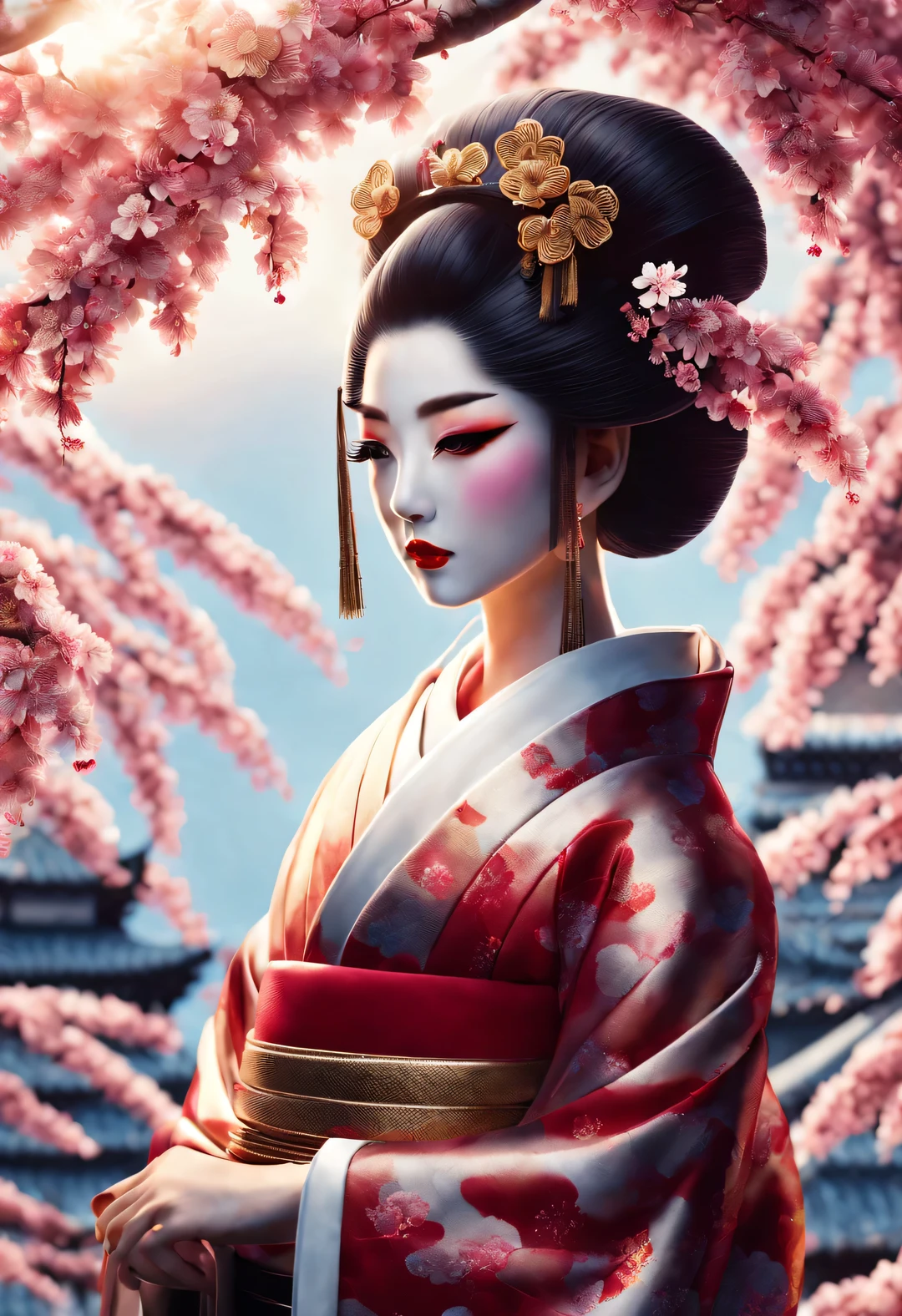 A geisha stands gracefully under the cherry blossoms, There are a lot more, Many red cherry blossom petals fall one after another,
White base makeup on girl's face without any highlight or shadow decoration. All-white makeup covering face and neck. Red lip makeup is a small mouth that is smaller than the normal lip area. Thick eyeliner can emphasize the eye contour, Strengthen eyes, Pupils appear dark and deep. One-line eyebrows are eye-catching without being harsh, And the whole face is clean. Typical Japanese Geisha makeup,
Wearing a gorgeous kimono embroidered with black and gold cherry blossoms, This is a long-sleeved kimono, Wearing Japanese clogs,
background: under the sunset, Many red cherry blossom petals fall one after another, deep pink and blue,
Surrealism, Realistic depiction of light and shadow, Real and exaggerated photos, super high quality, Super detailed details, movie shot, shallow view deep,