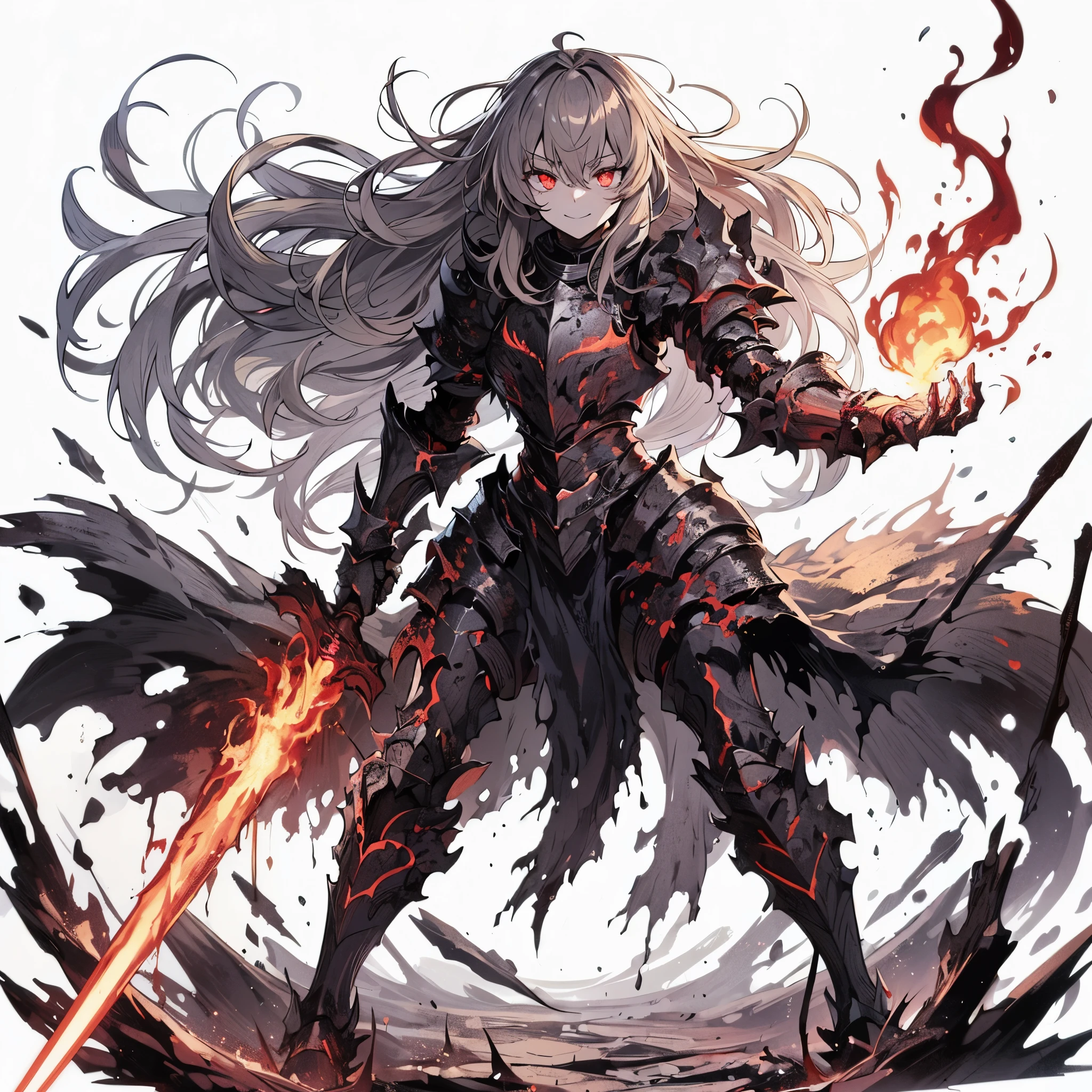 (Masterpiece), (Perfect Athlete Body:1.2), Full Body, anime style, female Knight of undead, glowing red eyes, ash hair, black burned armor, shedding molten iron like blood, holding blade, flaming fist, wearing raised boots, White Background, Whole Body, Standing in Rough Terrain, winning smile