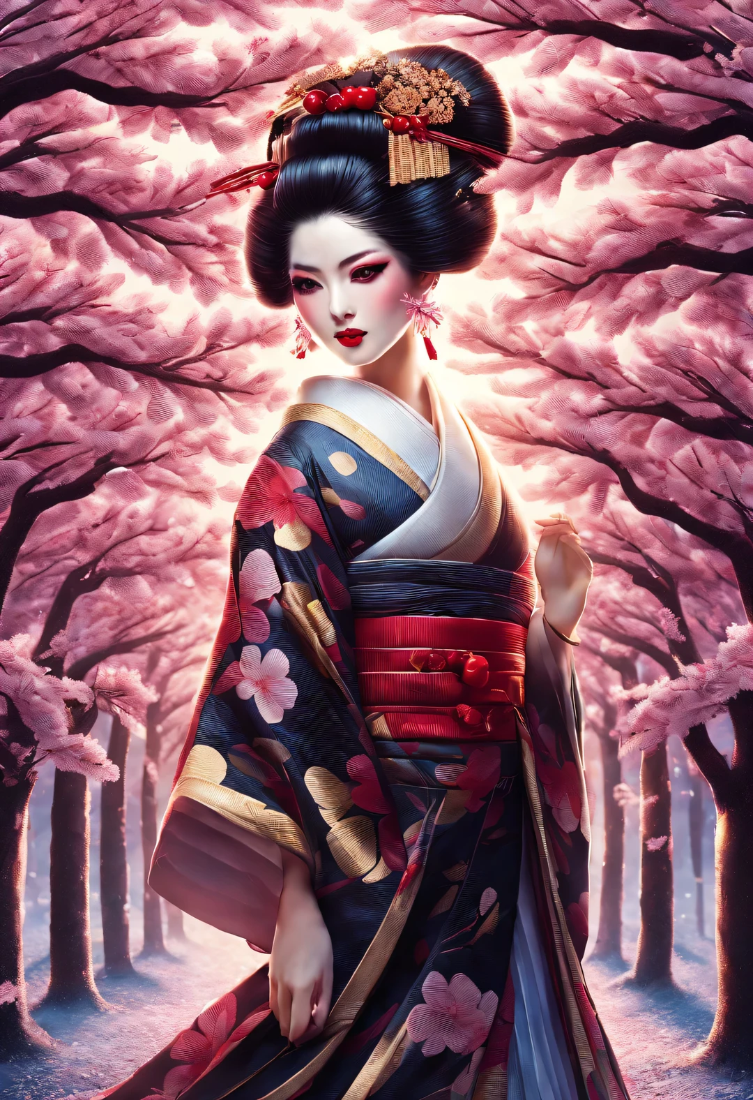 A geisha stands gracefully under the cherry blossoms, There are a lot more, Many red cherry blossom petals fall one after another,
White base makeup on girl's face without any highlight or shadow decoration. All-white makeup covering face and neck. Red lip makeup is a small mouth that is smaller than the normal lip area. Thick eyeliner can emphasize the eye contour, Strengthen eyes, Pupils appear dark and deep. One-line eyebrows are eye-catching without being harsh, And the whole face is clean. Typical Japanese Geisha makeup,
Wearing a gorgeous kimono embroidered with black and gold cherry blossoms, This is a long-sleeved kimono, Wearing Japanese clogs,
background: under the sunset, Many red cherry blossom petals fall one after another, deep pink and blue,
Surrealism, Realistic depiction of light and shadow, Real and exaggerated photos, super high quality, Super detailed details, movie shot, shallow view deep,