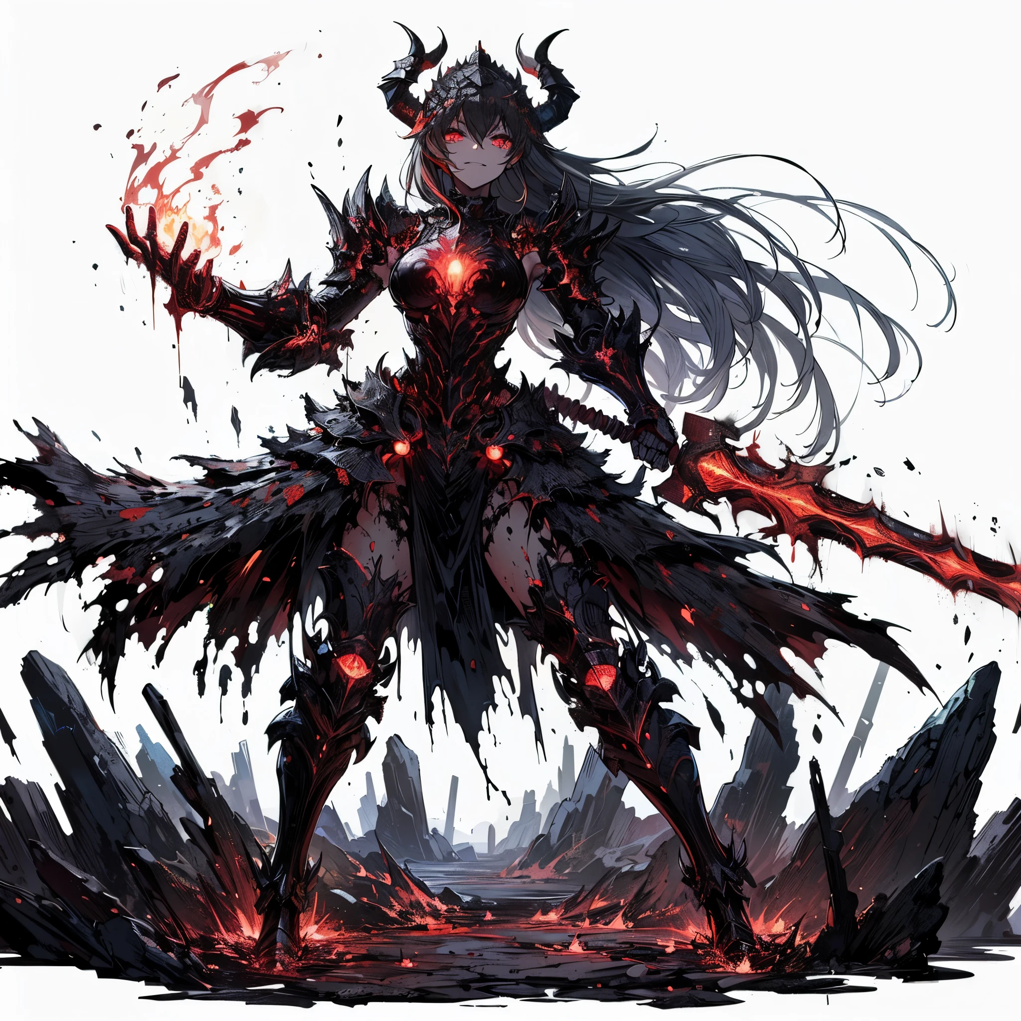 (Masterpiece), (Perfect Athlete Body:1.2), Full Body, anime style, female Knight of undead, glowing red eyes, ash hair, black burned armor, shedding molten iron like blood, holding blade, flaming fist, wearing raised boots, White Background, Whole Body, Standing in Rough Terrain, winning smile
