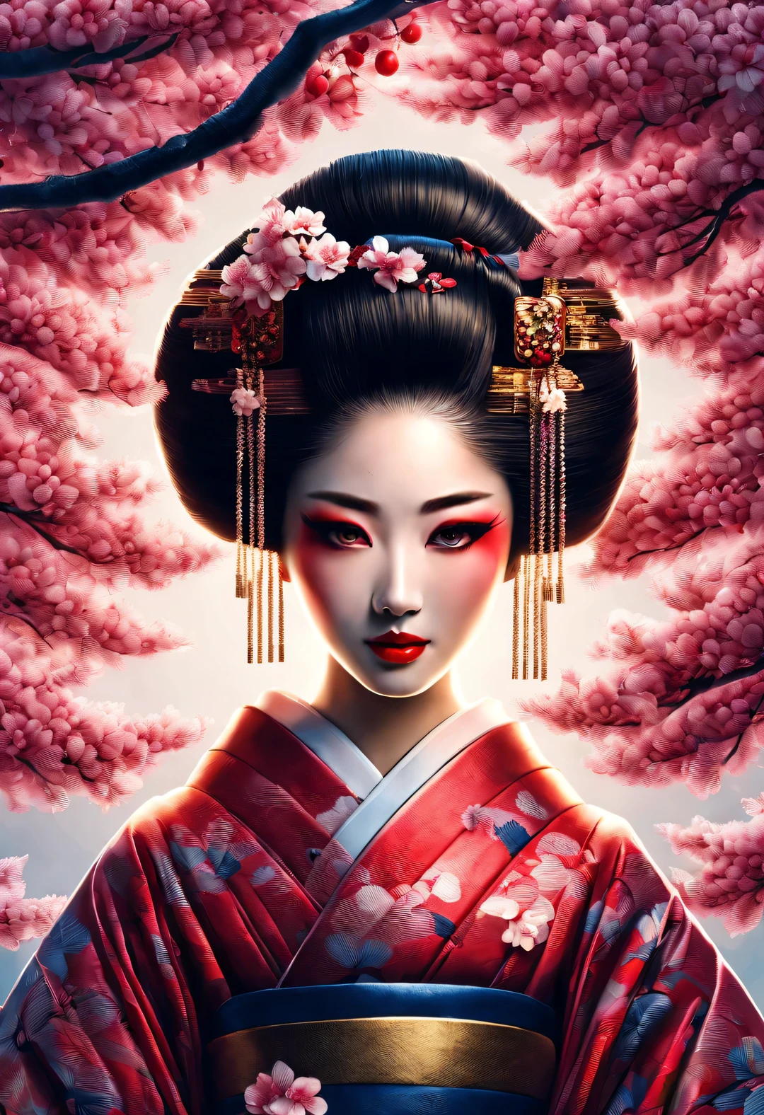 A geisha stands gracefully under the cherry blossoms, There are a lot more, Many red cherry blossom petals fall one after another,
White base makeup on girl's face without any highlight or shadow decoration. All-white makeup covering face and neck. Red lip makeup is a small mouth that is smaller than the normal lip area. Thick eyeliner can emphasize the eye contour, Strengthen eyes, Pupils appear dark and deep. One-line eyebrows are eye-catching without being harsh, And the whole face is clean. Typical Japanese Geisha makeup,
Wearing a gorgeous kimono embroidered with black and gold cherry blossoms, This is a long-sleeved kimono, Wearing Japanese clogs,
background: under the sunset, Many red cherry blossom petals fall one after another, deep pink and blue,
Surrealism, Realistic depiction of light and shadow, Real and exaggerated photos, super high quality, Super detailed details, movie shot, shallow view deep,