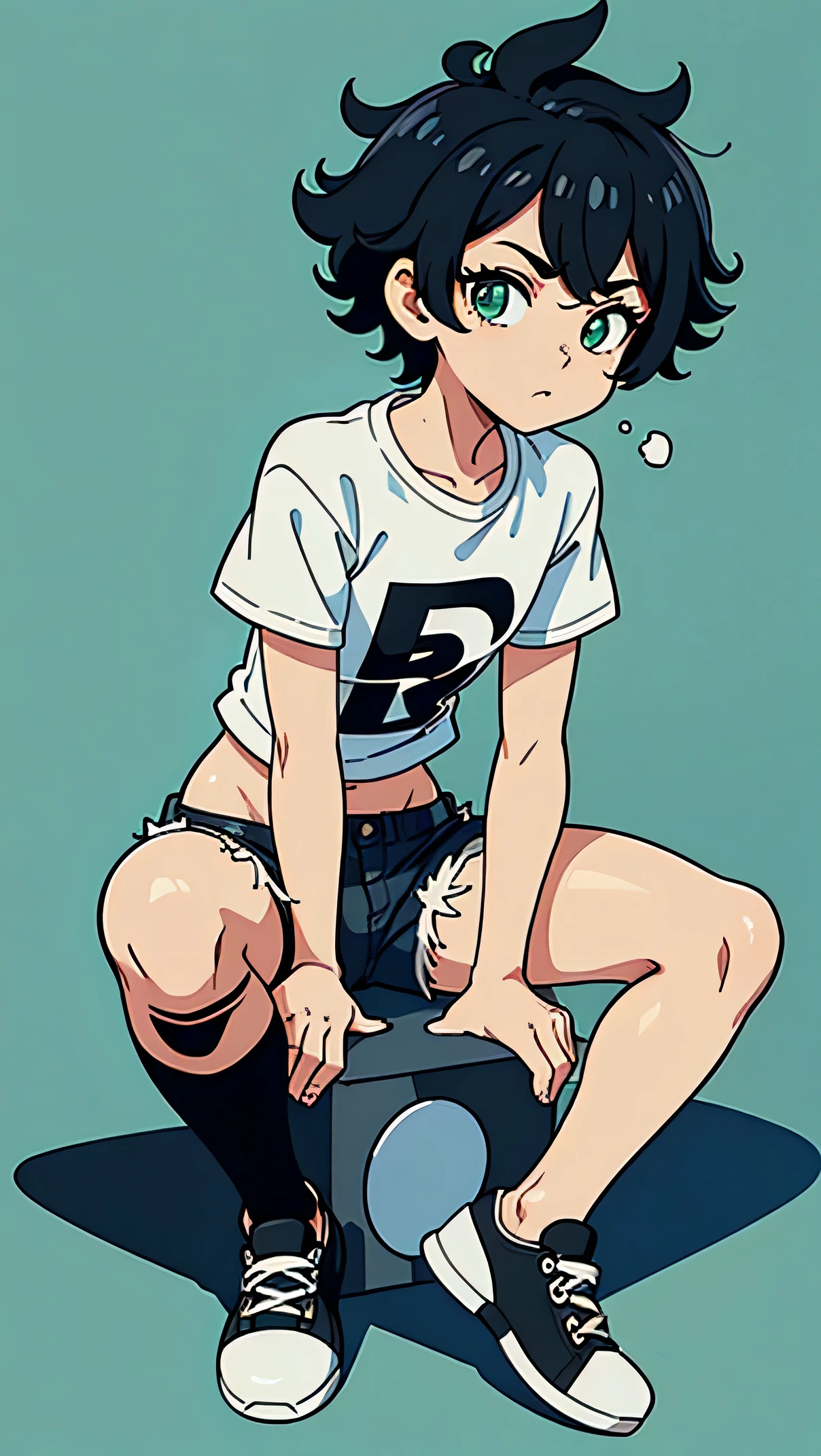 1Junge, lockiges schwarzes Haar, wears a white T-shirt, Jeans-Shorts, schwarzer Sneaker, unten sitzen, You see the whole body, The background is a simple green screen, ultrascharf, 8K, Blick auf den Betrachter