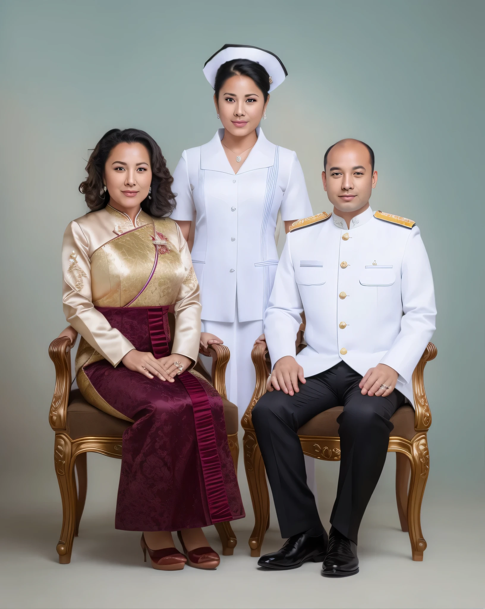 arafed woman in a white uniform and two men in white uniforms, ceremonial portrait, portrait n - 9, portrait image, royal portrait, formal portrait, official photo portrait, full protrait, full body photograph, royal photo, official photos, portrait shot, family portrait, official photo, high res, corporate photo, seated in royal ease, sukhothai costume