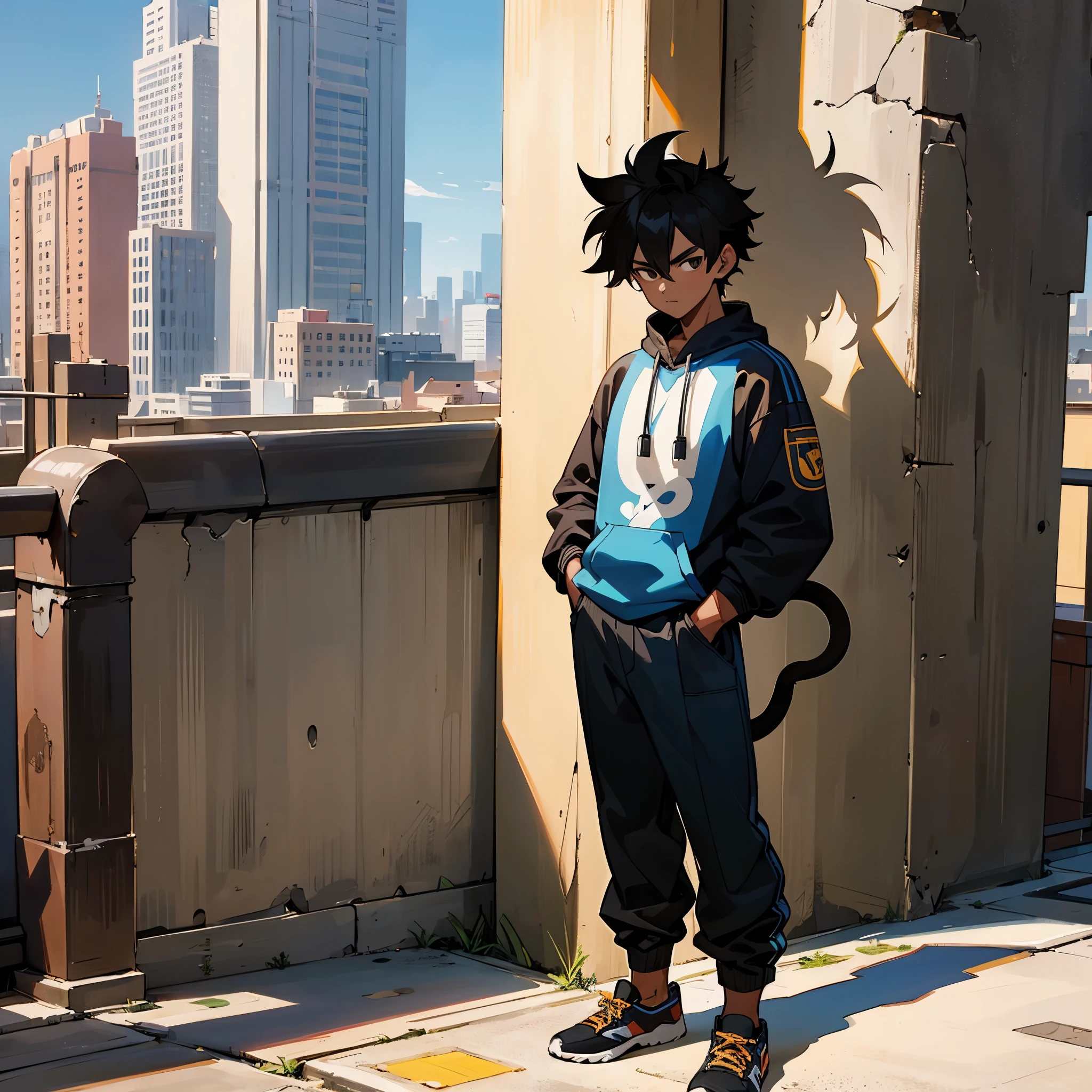 1male, young, teen, tall, muscular, black messy hair, detailed black eyes, relaxed demeanor, brown skin, monkey tail, modern street clothing, hands in pockets, city background, standing on sidewalk, facing viewer