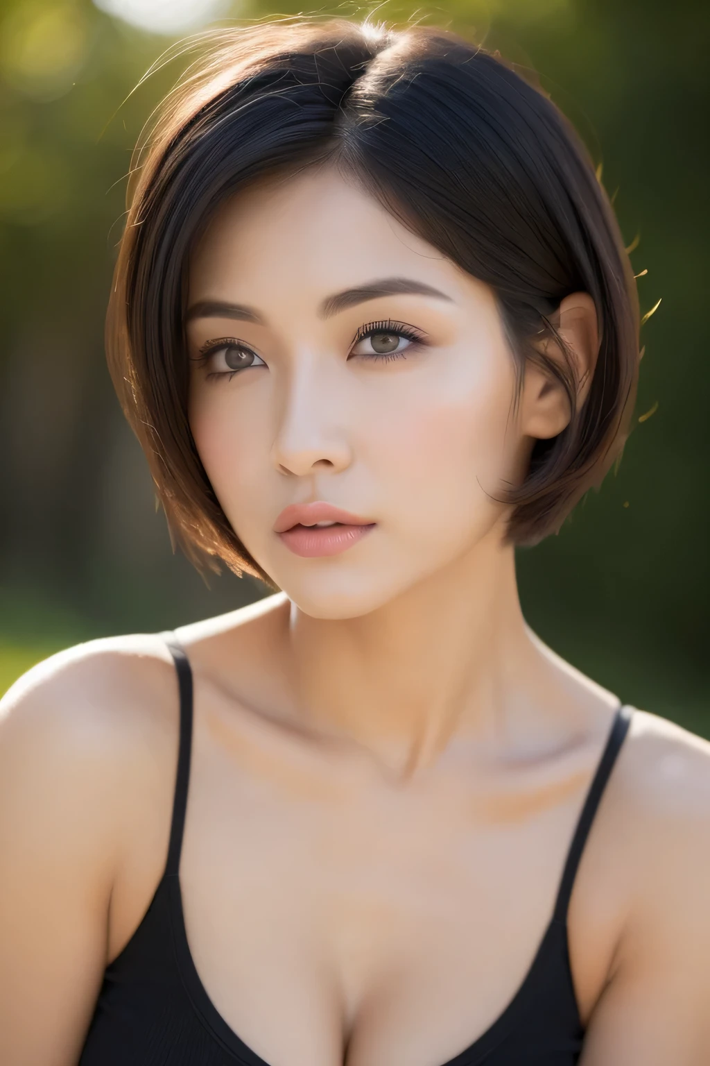 ((top-quality,8K,​masterpiece)),fish-eye lens,Japan model looking into the lens,Very beautiful face,so short hair,A detailed eye,Detailed lips,lipgloss,Detailed skin,Colossal tits,Emphasizes cleavage,a wet body,See-through dress,Depicts the upper body,