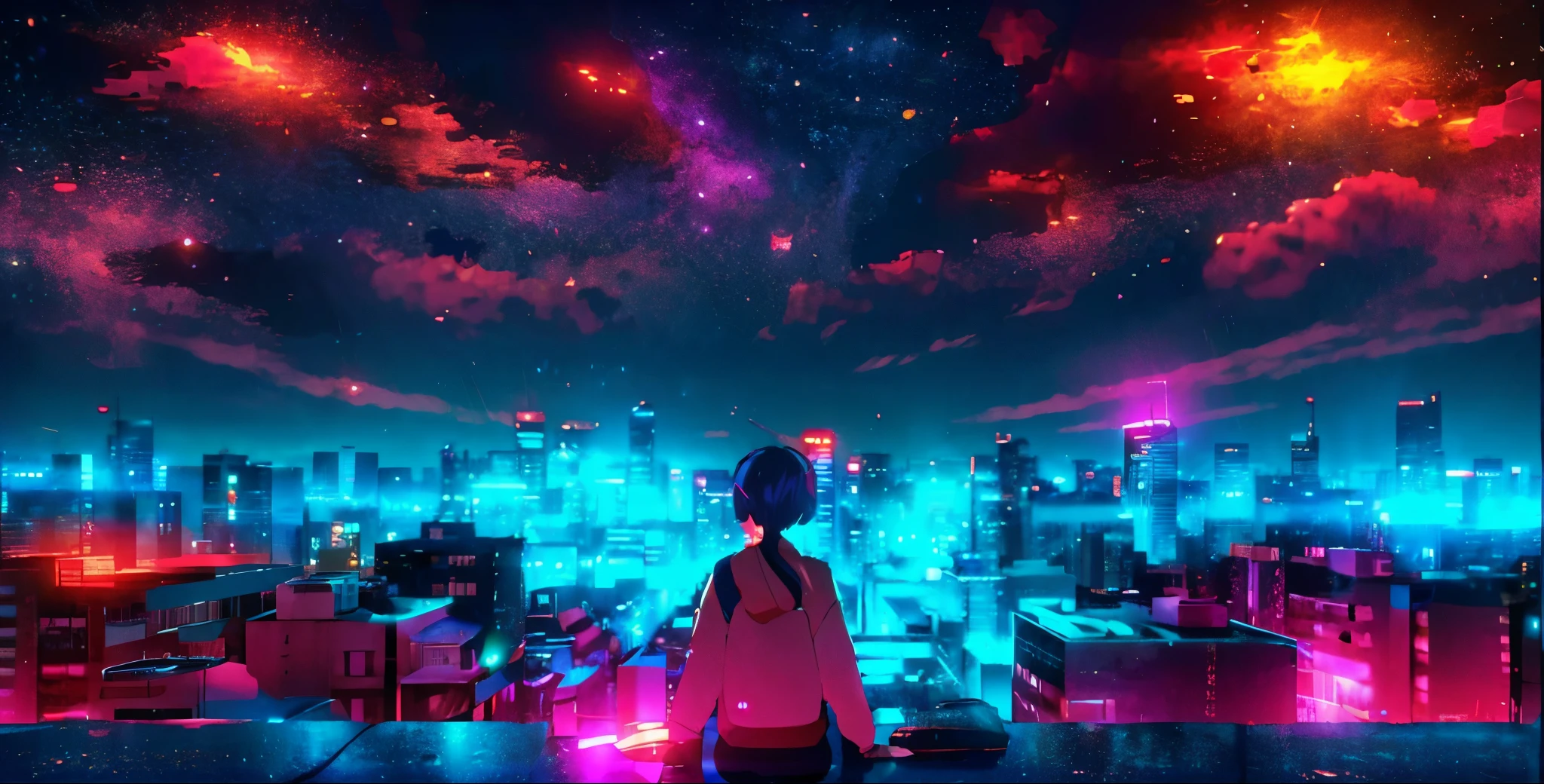 Anime girl looking at the city at night, 4k anime wallpaper, anime art wallpaper 8k, anime background, anime wallpaper 4k, anime wallpaper 4k, anime movie background, anime art wallpaper 4k, anime art wallpaper 4k, 4k manga wallpaper, anime background art, Shinkai Makoto style, anime style 4k, HD anime cityscape