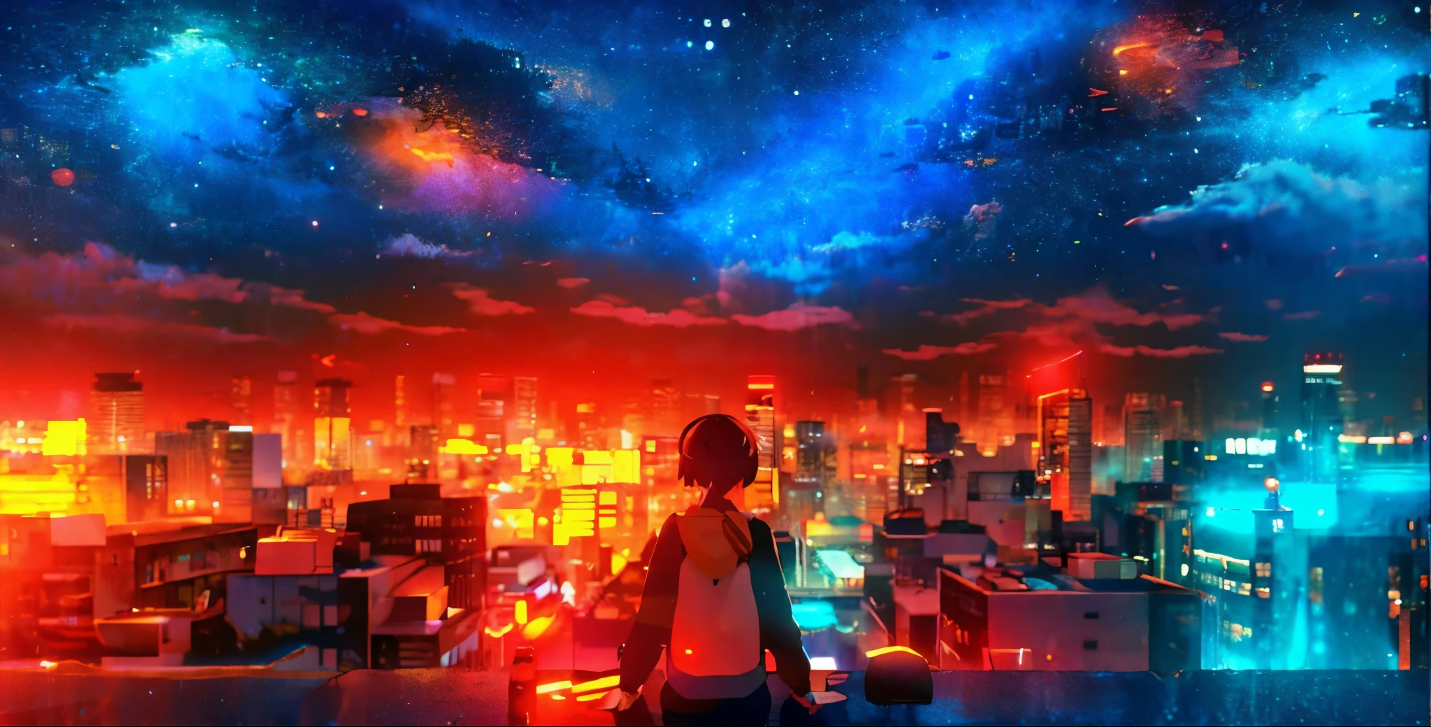 Anime girl looking at the city at night, 4k anime wallpaper, anime art wallpaper 8k, anime background, anime wallpaper 4k, anime wallpaper 4k, anime movie background, anime art wallpaper 4k, anime art wallpaper 4k, 4k manga wallpaper, anime background art, Shinkai Makoto style, anime style 4k, HD anime cityscape