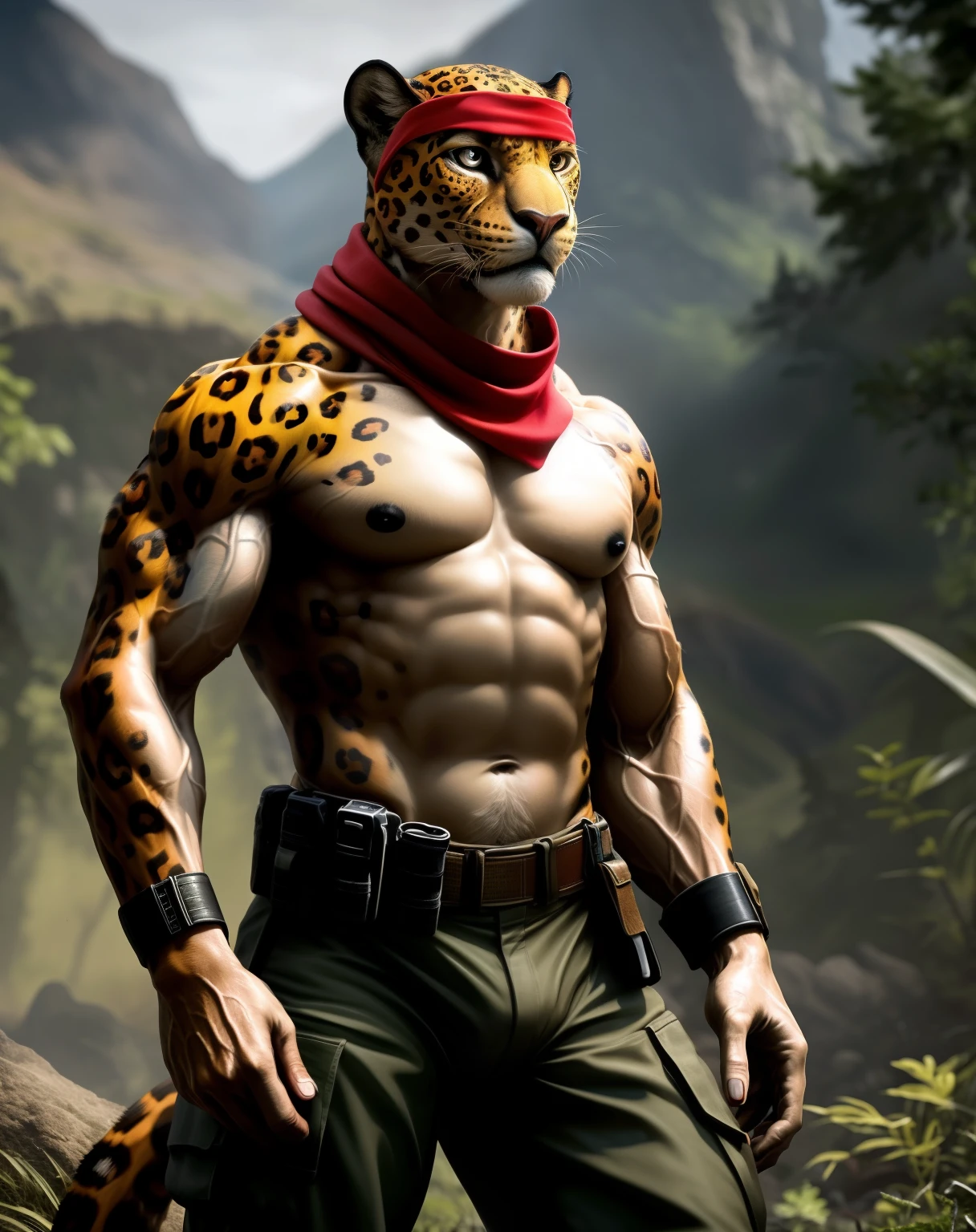 anthro, jaguar, solo, male, adult, veiny muscles, muscular, buffed body, military pants, war hero, serious look, small eye, furred body, detailed background, wilderness background, clear weather, realistic, photorealistic, ultra realistic, 8k, bare-chested, red armband, black nipples, black eyes, tight big crotch, shirtless, red scarf, red headband, utility belt, glistening skin