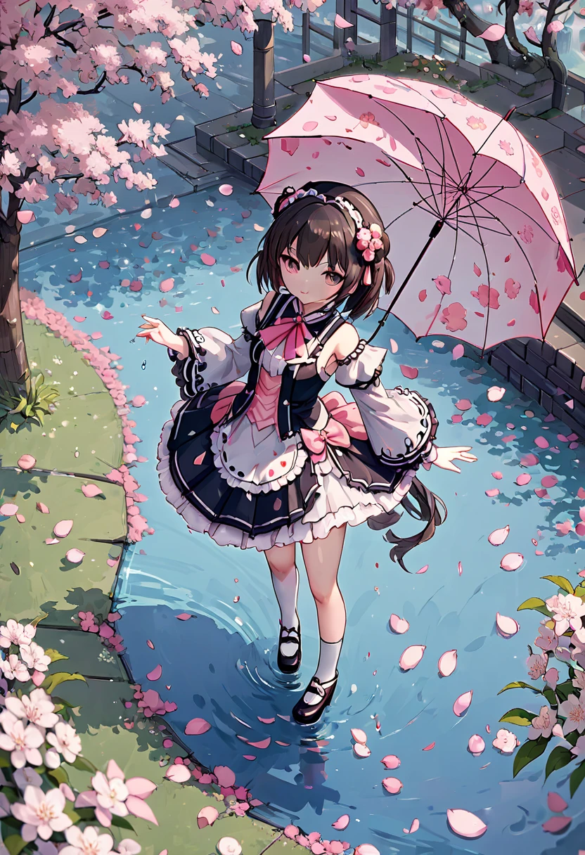 girl, Sakura, from above, looking at viewer, petals dancing down, Lolita costume, umbrella, water, junoesque, masterful, noon, (best quality, masterpiece, Representative work, official art, Professional, Ultra intricate detailed, 8k:1.3)