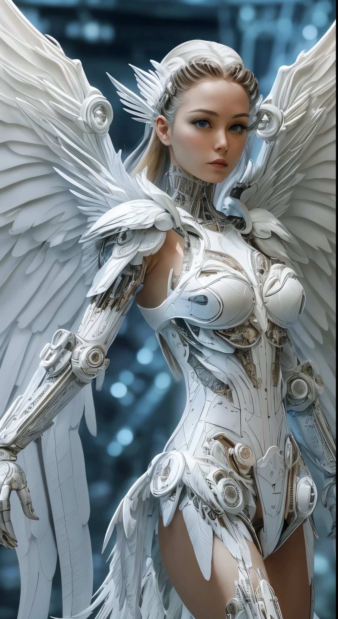 Close-up of a woman in a white dress with wings, full body angel, futuristic robot angel, amazing angel wings, angel knight gothic girl, angel in plastic armor, intricate costume designs, As a mysterious Valkyrie, The whole body is made of white feathers,, futuristic and fantastic, white wings, beautiful angel wings, steampunk angel, beautiful cyborg angel girl, graceful wings,dynamic angle, full body and dynamic pose, standing