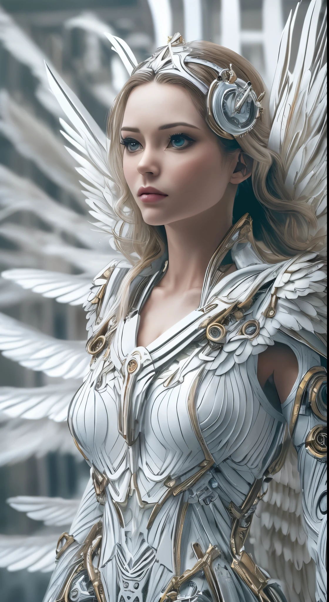 Close-up of a woman in a white dress with wings, full body angel, futuristic robot angel, amazing angel wings, angel knight gothic girl, angel in plastic armor, intricate costume designs, As a mysterious Valkyrie, The whole body is made of white feathers,, futuristic and fantastic, white wings, beautiful angel wings, steampunk angel, beautiful cyborg angel girl, graceful wings,dynamic angle, wide shot
