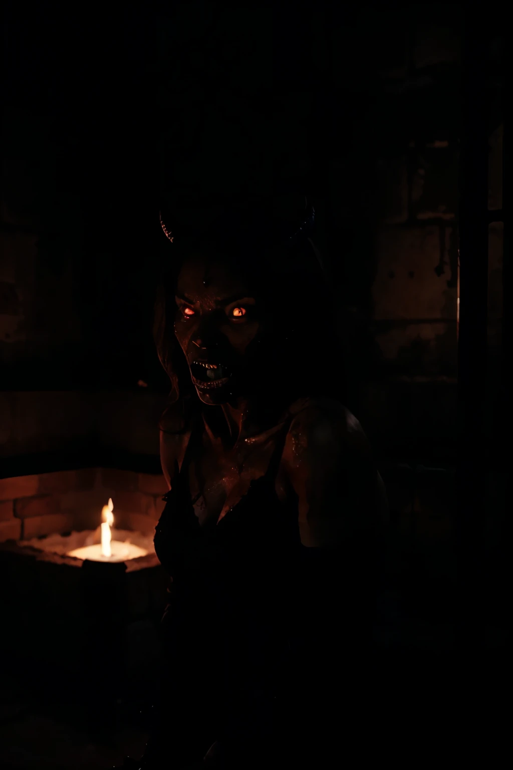 A terrifying black demon with a furious face rapes the corpse of a woman, a hellish chamber in the background, horror and grotesque, a nightmarish sight, occultism and satanism