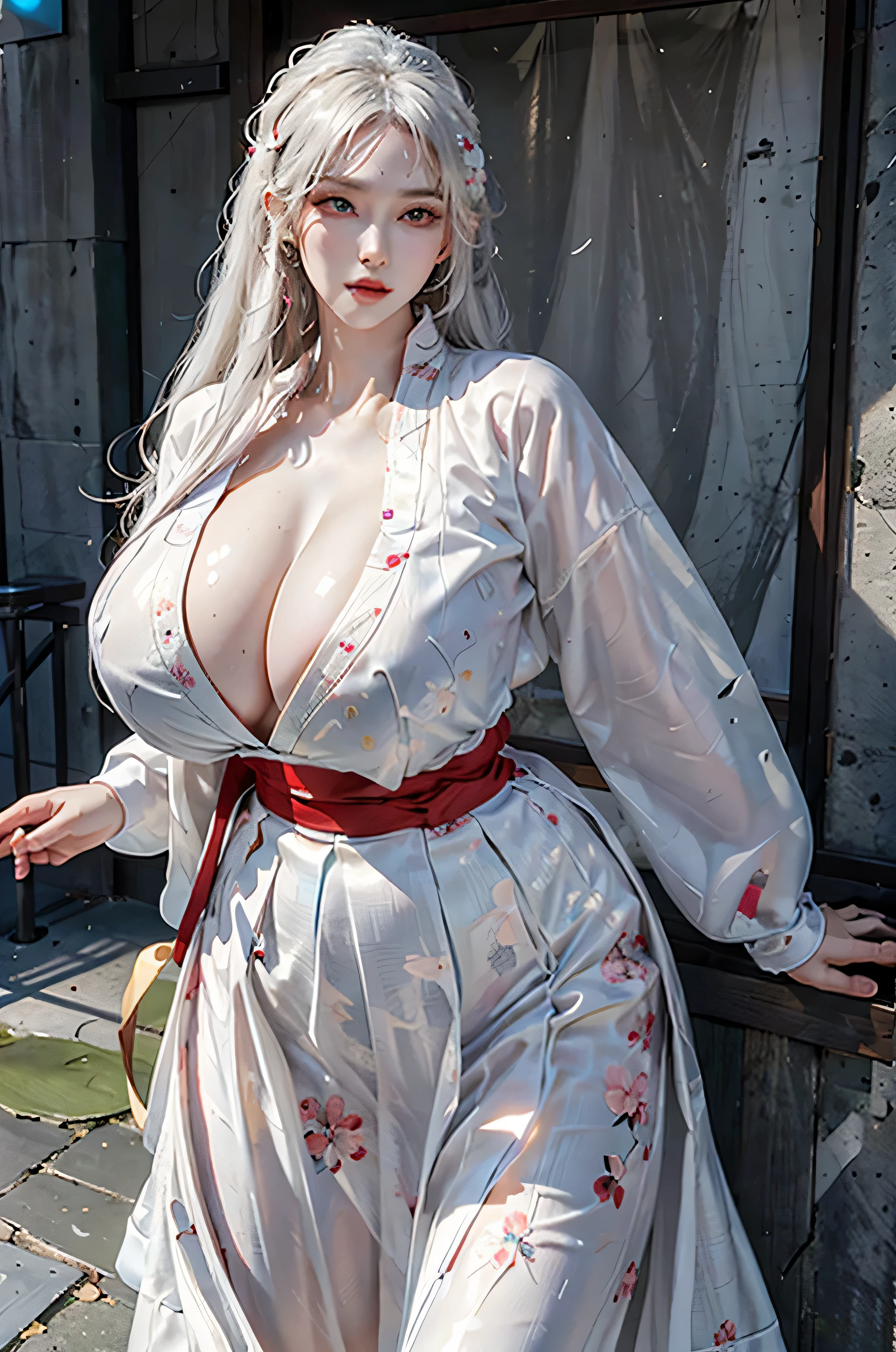 (masterpiece), best quality, highres, (hyperrealistic), 16k, Detailed Illustration, intricate detail, looking at viewer,(make up),(slender body:1.5),(Gigantic Breasts:1.6),gyaru,young,(huge ass),(underbust:1.4),(tight),(Full body), 1girl,(hanfu),(floral print),(white gel shirt),(red long skirt),(long sleeves), slit skirt, exposed legs, deep cleavage, exposed breasts