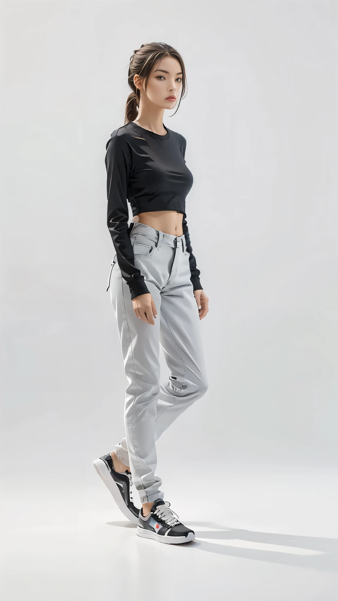 16K, Masterpiece, photorealism, A girl walks to her full height, a girl with dark long hair, a girl dressed in a white top, light jeans, white sneakers, white background,