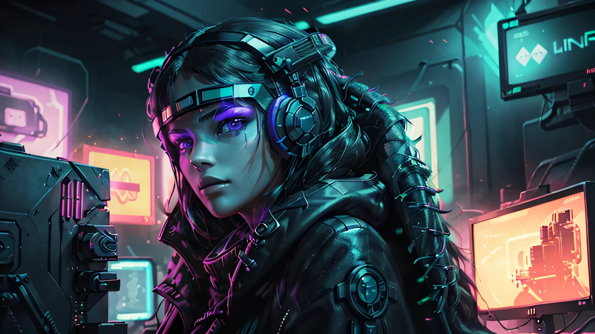 ((Best quality)), ((Masterpiece)), (very detailed:1.3), 3d,NeonBlack, Beautiful Cyberpunk Woman,(wear a head mounted display, massive and high-tech:1.2),Wearing a cloak,computer terminal hacking,PURPLE NEON MONITOR LIGHT, GREEN NEON SIGNS ON THE WALL,