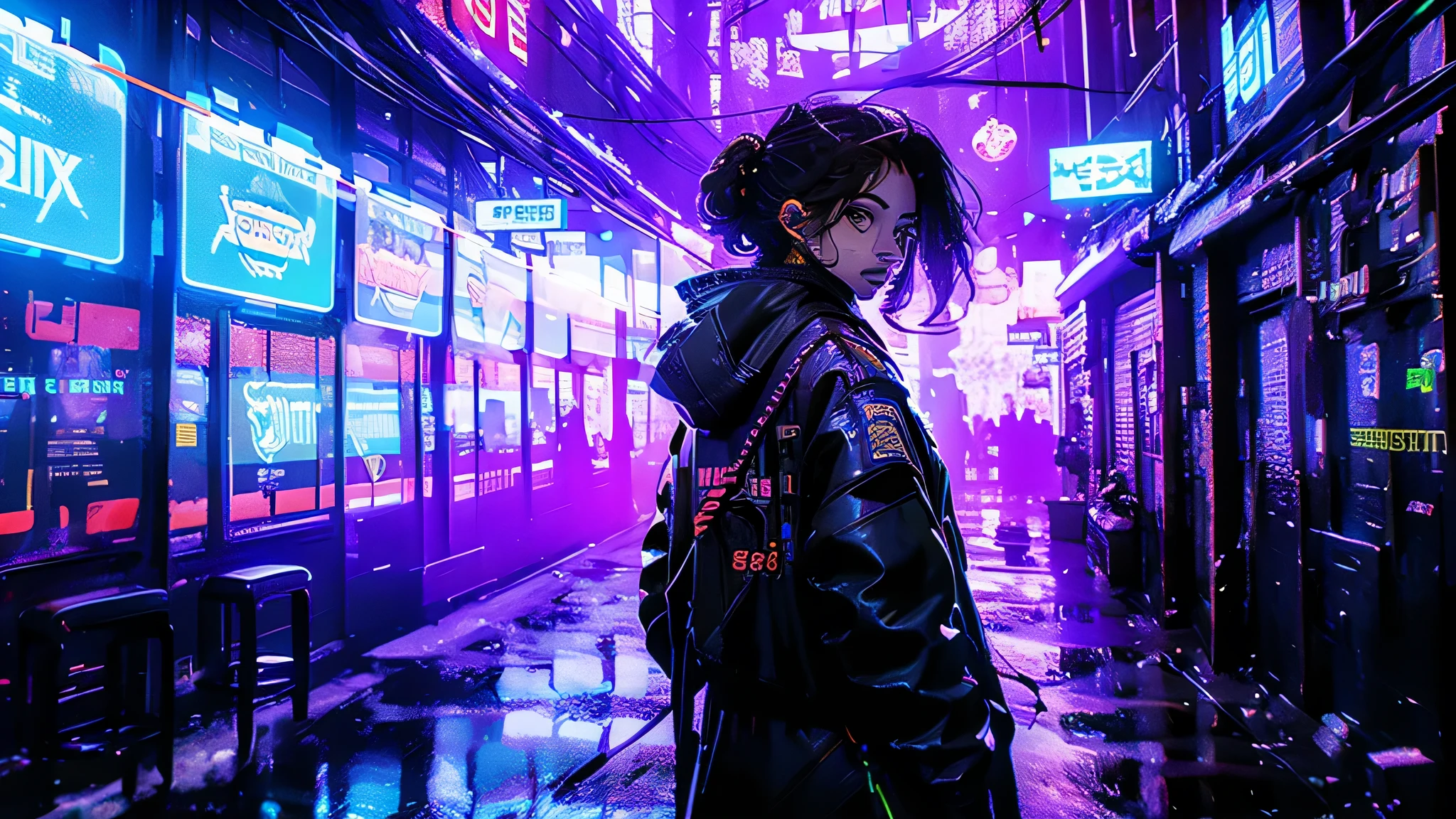 electrifying image, Cyberpunk world, Sexy experienced hacker girl in futuristic bodysuit in action, connected to a futuristic wired holographic interface, in the process of hacking, a dystopian machine structure with wires is connected to her head, connected to the network, not a runner, neon lights, cascading lines of code, and futuristic technology in the background, harsh high-tech atmosphere, creating chaos in the corporate network, Glitches, alarms, and digital distortion, comes from a hacked system, police officers stand around her and point guns at her, cyberpunk robbery, Cyberpunk Hacker, digital underworld