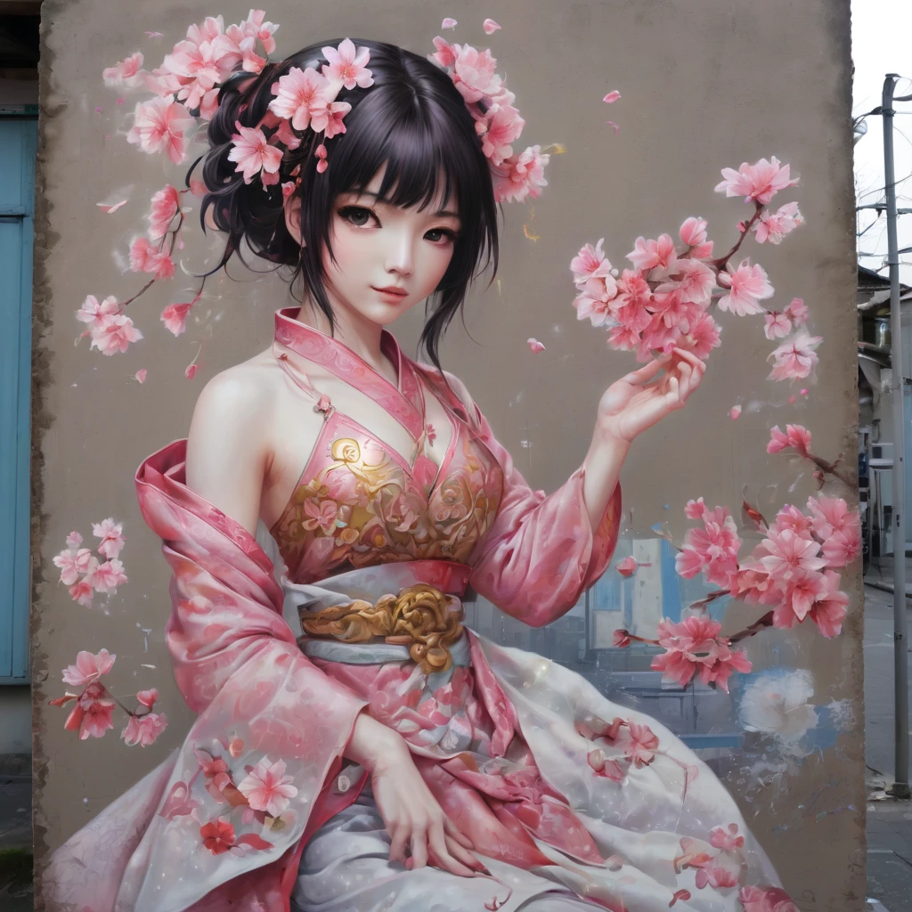 (masterpiece, best quality), Graffiti of a magical sakura maiden, on a street wall, signed by the word "TUPU".