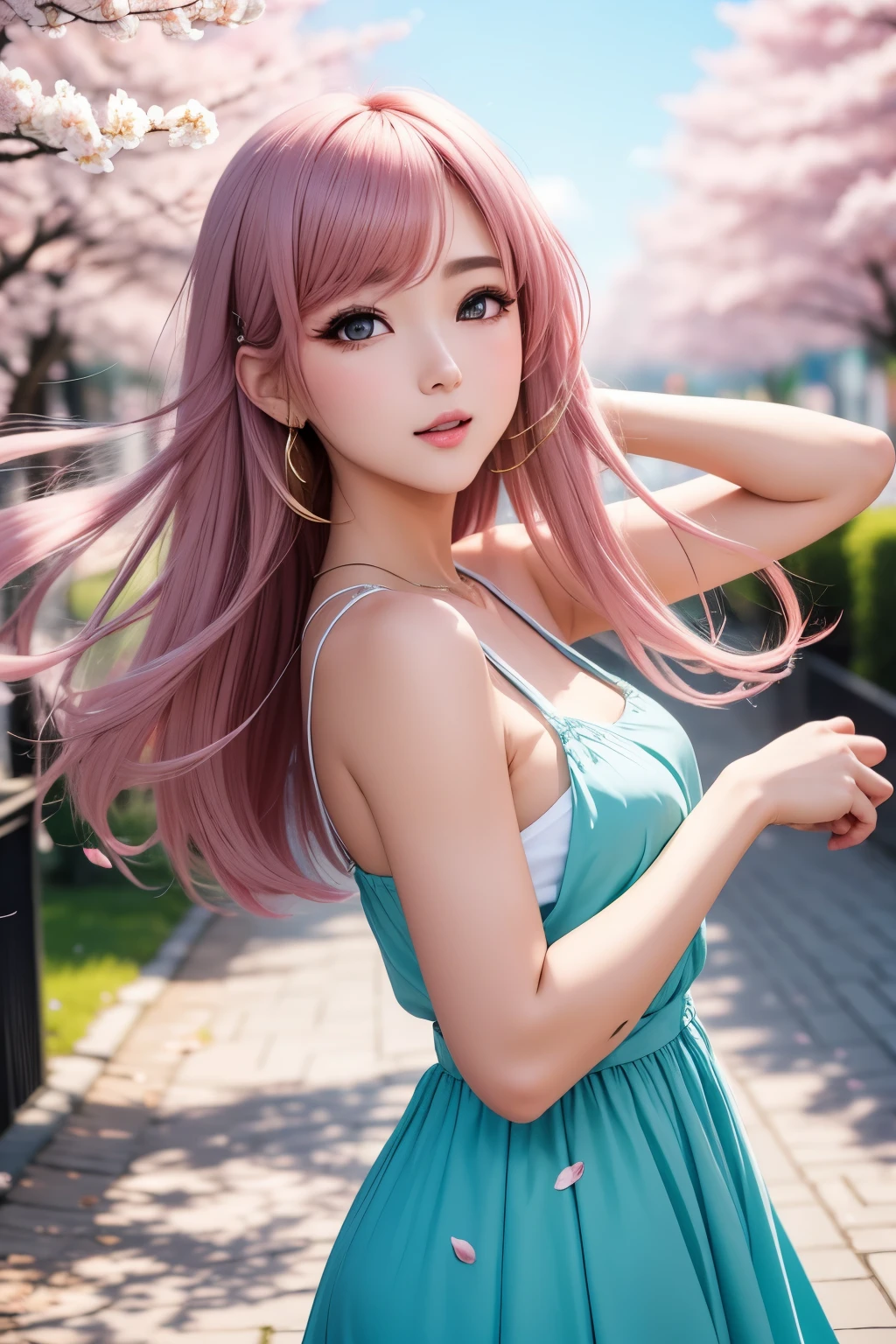 best quality, 32k, RAW photo, incredibly absurdres, extremely detailed, delicate texture, delicate, flashy and dynamic depiction, an innocent and beautiful girl like a cherry blossom, happy, shy, messy pixie cut, pastel colors, background pastel color, blooming profusely, cherry blossoms, cherry blossom petals, dancing petals, scattered gold dust, wind, motion-blur, action-lines, fantasy