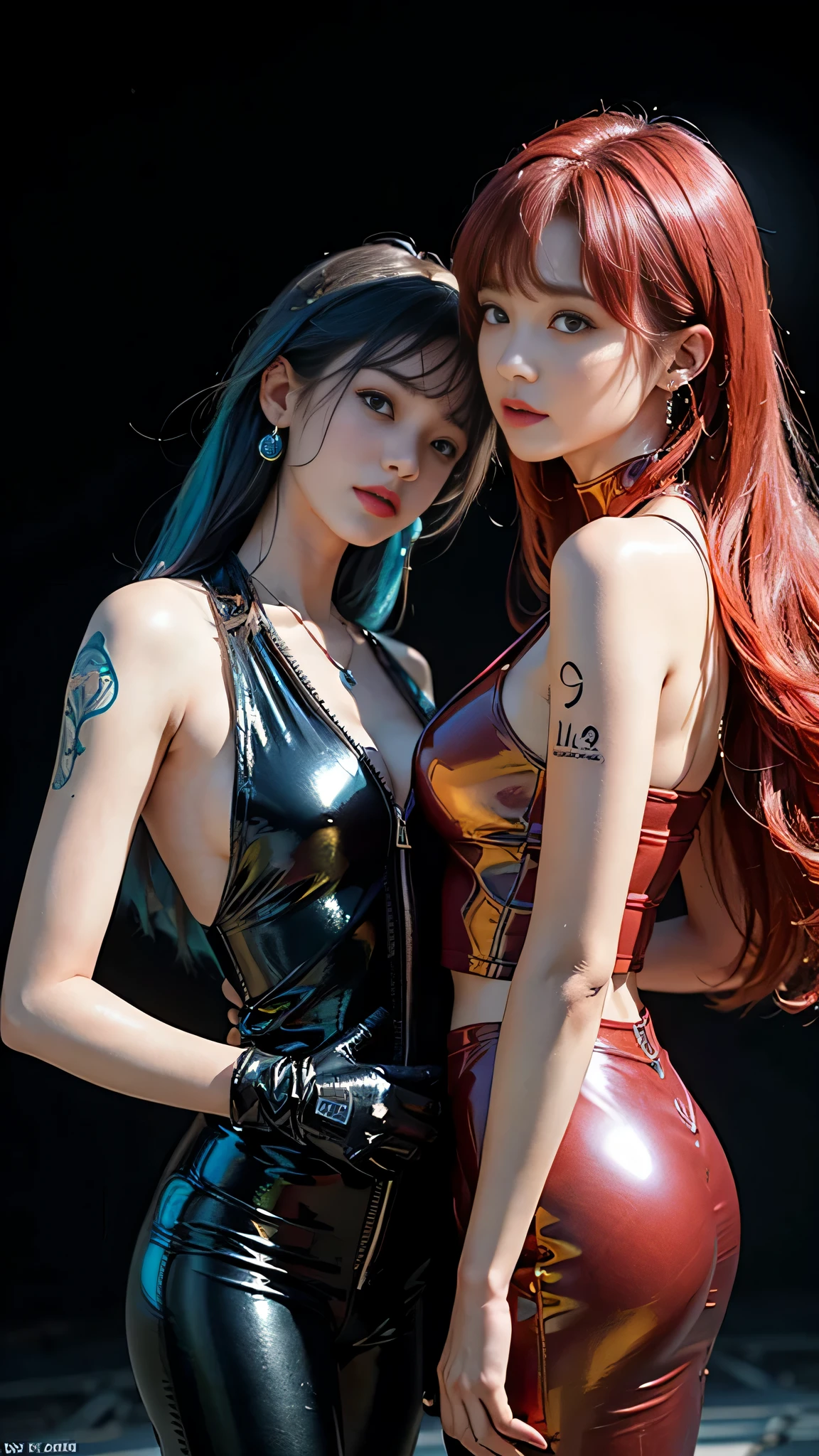 ((masterpiece:1.4)、(highest quality:1.4)、(realistic:1.7))、masterpiece:1.4、(Finest rendering:1.4)、beautiful girl dirty pair、(Beautiful Space Investigator Dirty Pair:1.4)、Kei and Yuri space investigator duo、(Kei and Yuri are cute girl names:1.2)、two investigators, Kei and Yuri stand side by side...、(Written by Luis Royo:1.4)、(hold a gun:1.2)、Body fit sexy investigator duo uniform、(luxury shiny latex:1.4)、(white sleeveless uniform jacket)、(Underwear red sexy super ultra bikini)、(luxury red latex:1.4)、19 years old、(cute tattoo:1.4)、(wearing white gloves)、(two cute girls:1.4)、super beautiful、sharp focus、portrait photography:1.4、8k、realistic photo images:1.4、(perfect female body:1.4)、perfect proportions、sexy couple、(Upper body shot:1.4)、beautiful face、(beautiful skin:1.4)、beautiful eyes、tight waist、(9 life-size style beautiful girl)、(Beautiful girl with long legs and good style:1.4)、beautiful feet、(Kei has red hair:1.4)、(Yuri has blue hair:1.4)、(long hair:1.2)、beautiful breasts、big breasts:1.2、sexy ass、RAW photo、red lips、red high heels:1.4、choker:1.4、necklace:1.4、earrings:1.4、1 screen display、cyberpunk city:1.2