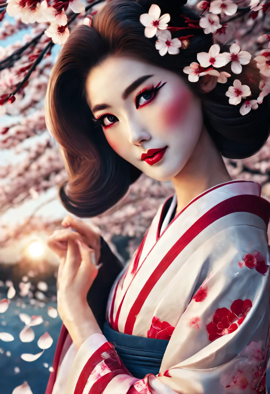 (Under white cherry blossoms,Geisha stands gracefully, Look back and smile: 0.85), (many, many white cherry blossom petals are falling one after another),
White base makeup on girl's face without any highlight or shadow decoration. All-white makeup covering face and neck. Red lip makeup is a small mouth that is smaller than the normal lip area. Thick eyeliner can emphasize the eye contour, Strengthen eyes, Pupils appear dark and deep. One-line eyebrows are eye-catching without being harsh, And the whole face is clean. Typical Japanese Geisha makeup,
(Wearing a gorgeous kimono embroidered with black and gold cherry blossoms: 0.8), Long-sleeved kimono, Wearing Japanese getas,
background: under the sunset, many red cherry blossom petals fall one after another, deep pink and blue,
Surrealism, Realistic depiction of light and shadow, Real and exaggerated photos, super high quality, Super detailed details, movie shot, shallow view deep,