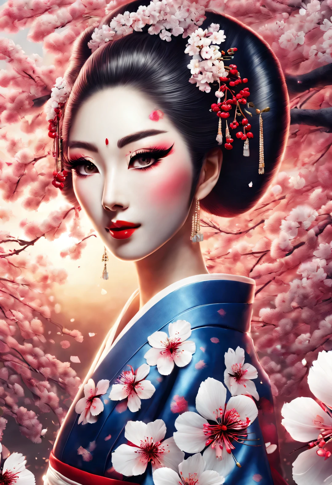 (Under white cherry blossoms，Geisha stands gracefully, Look back and smile: 0.85), (many, many white cherry blossom petals are falling one after another),
White base makeup on girl&#39;s face without any highlight or shadow decoration. All-white makeup covering face and neck. Red lip makeup is a small mouth that is smaller than the normal lip area. Thick eyeliner can emphasize the eye contour, Strengthen eyes, Pupils appear dark and deep. One-line eyebrows are eye-catching without being harsh, And the whole face is clean. Typical Japanese Geisha makeup,
(Wearing a gorgeous kimono embroidered with black and gold cherry blossoms: 0.8), Long-sleeved kimono, Wearing Japanese getas,
background: under the sunset, many red cherry blossom petals fall one after another, deep pink and blue,
Surrealism, Realistic depiction of light and shadow, Real and exaggerated photos, super high quality, Super detailed details, movie shot, shallow view deep,