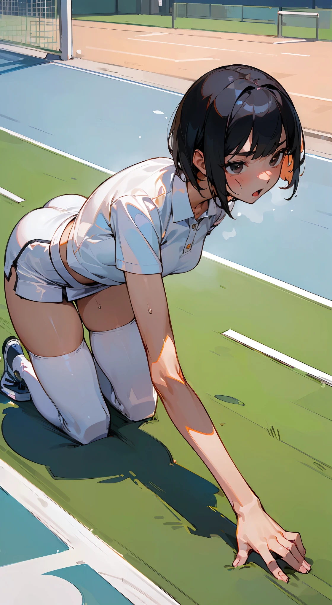 (((Masterpiece))), (((Best Quality))),(Beautiful Detailed anime FACE),Ultra High Resolution, Detailed,Perfect Anatomy, (View from side:1.3), nsfw,cowboy shot,solo20 year old beauty、Japanese、black hair,short bob hair,black eyes,small head、slender body,ideal ratio body proportions,medium breasts,tan skin,gleaming skin,oily skin,shiny skin,(on all fours:1.5),training、painful expression、blush、open mouth,(White tennis wear、body-conscious、white tight polo shirt、white tight mini skirt、perfect white panties,sweat:1.3),outdoors、Tennis court、