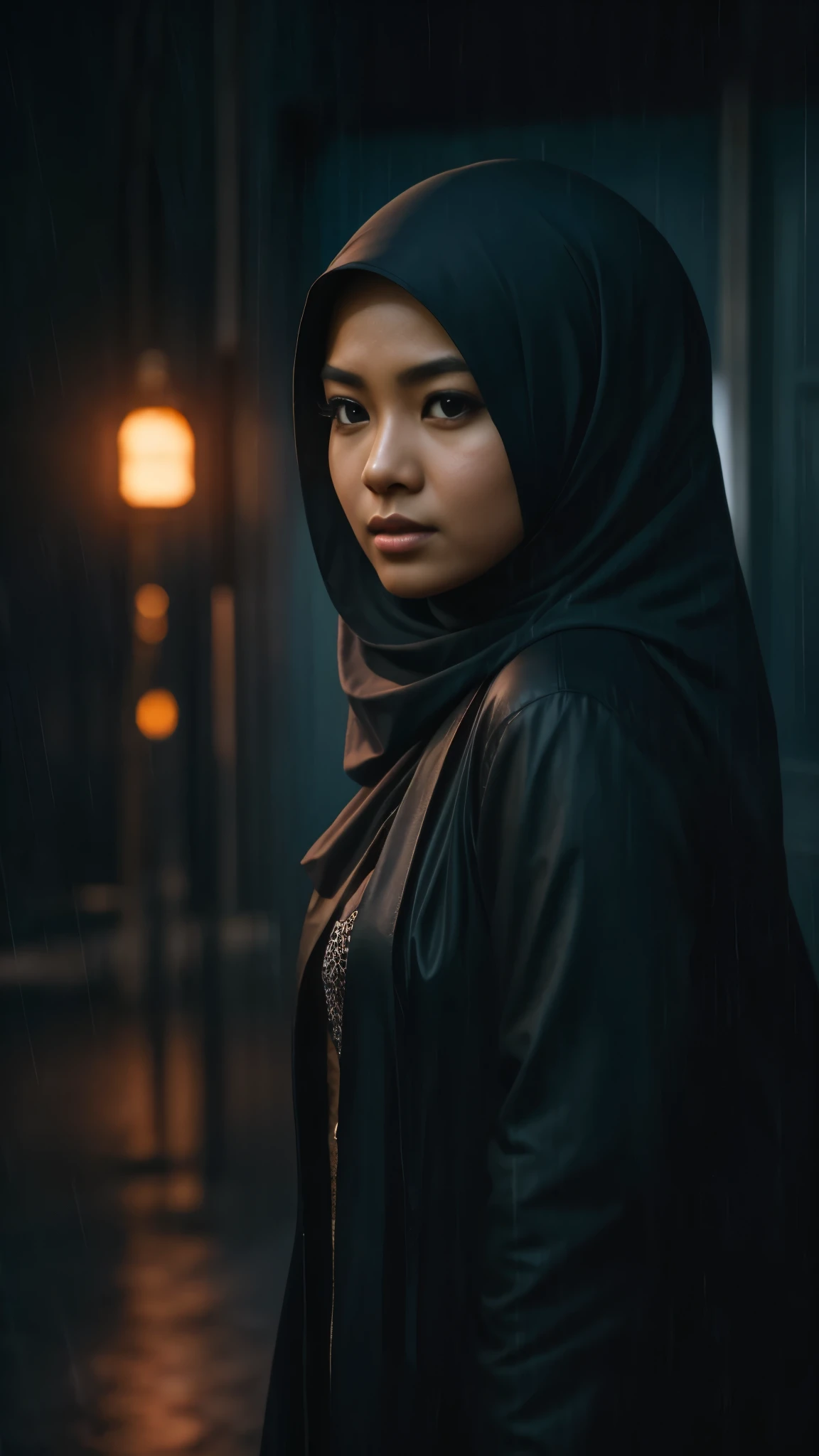 Imagine the Malay girl in hijab as the main character in a classic film noir. Enhance the drama with moody lighting, shadows, and a rainy urban backdrop. Add elements of mystery and intrigue, making her the enigmatic heroine, 35mm, Over-the-shoulder shot, vibrant color grading, light leaks, starbursts cinematography effect, epic fantasy genre, ultra detail, high quality, 8k resolution.