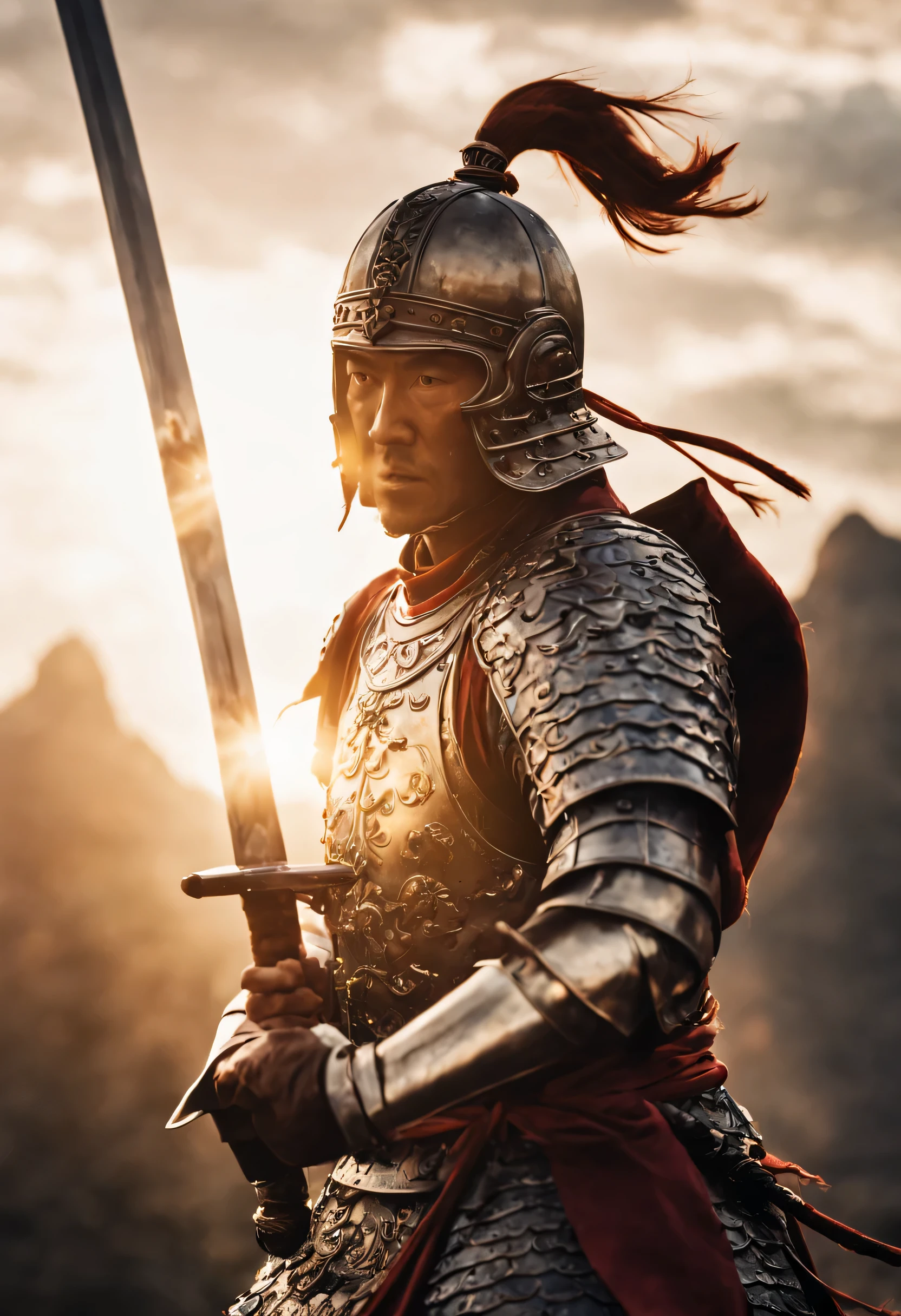 Holding a long sword in one hand,The sun shines through the clouds,backlight,12 fixed focus,Chinese knight,struggle,calm,actual,8k,warm color